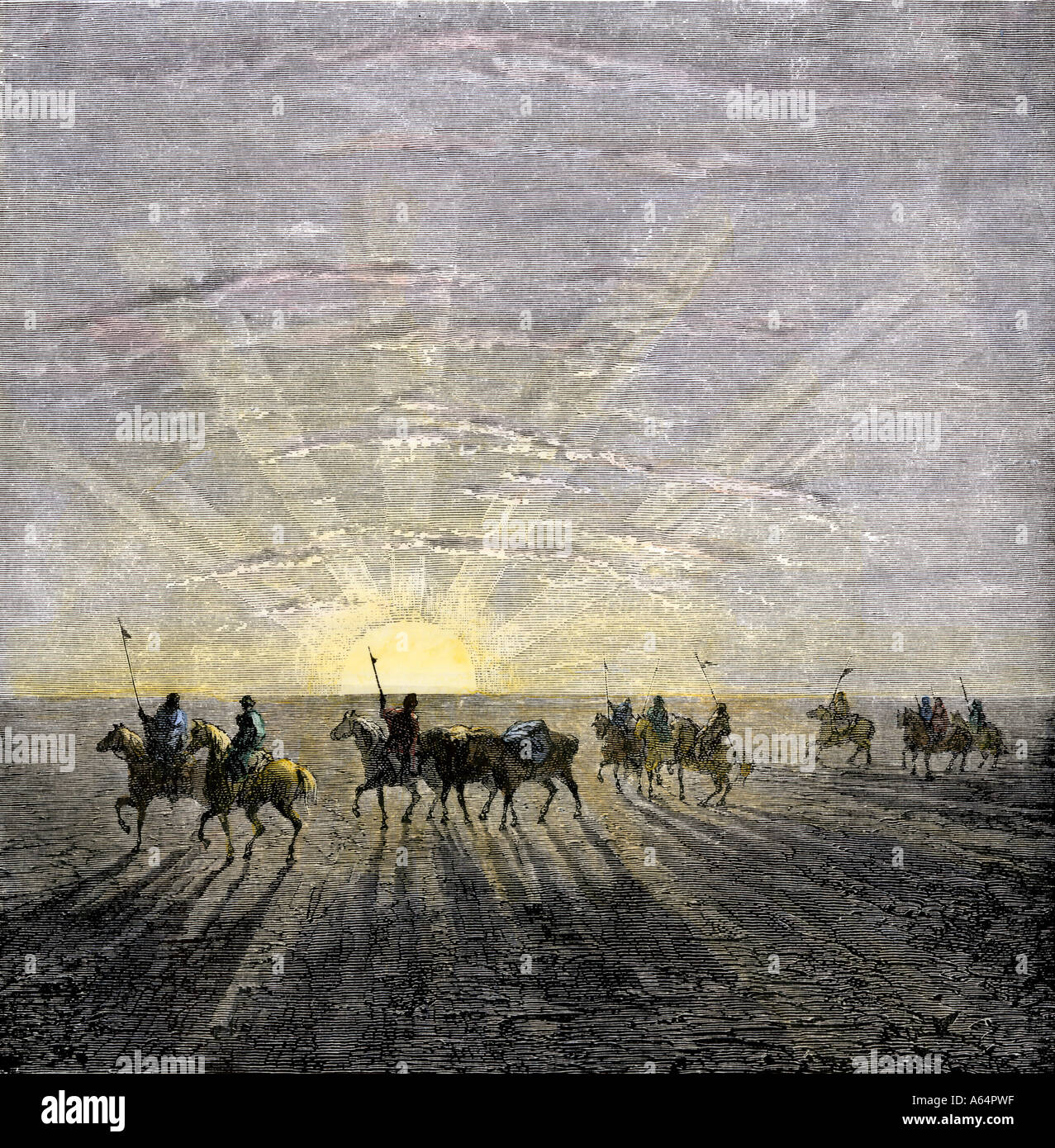 Mongol horse caravan crossing the Gobi Desert. Hand-colored woodcut Stock Photo