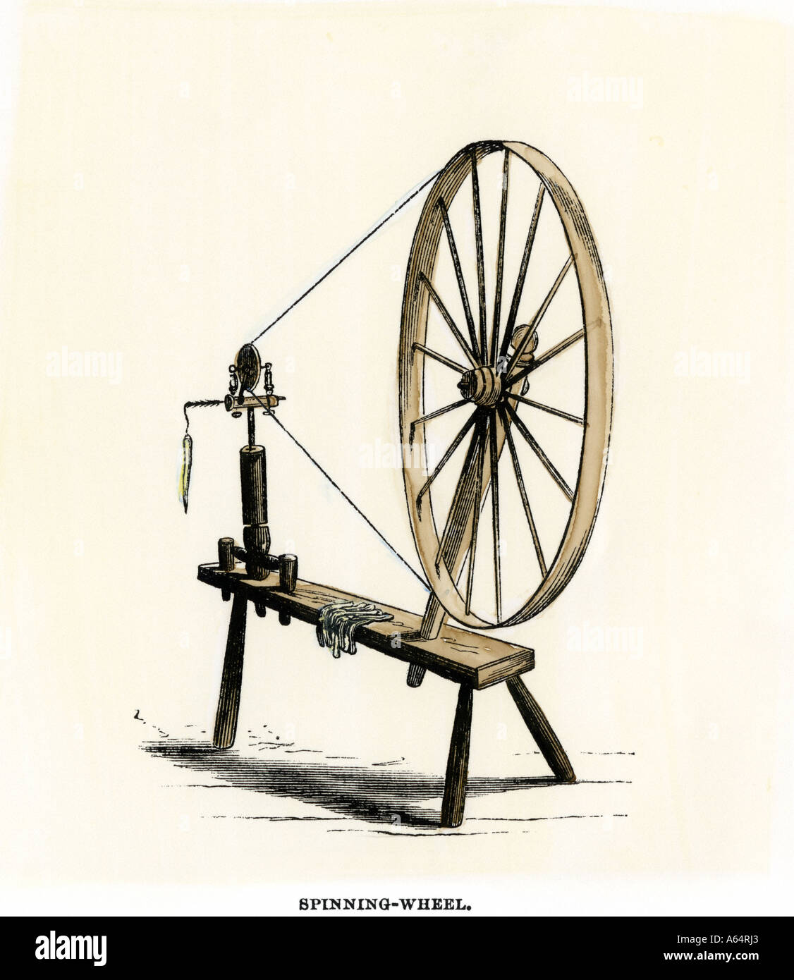 Colonial spinning-wheel. Hand-colored woodcut Stock Photo