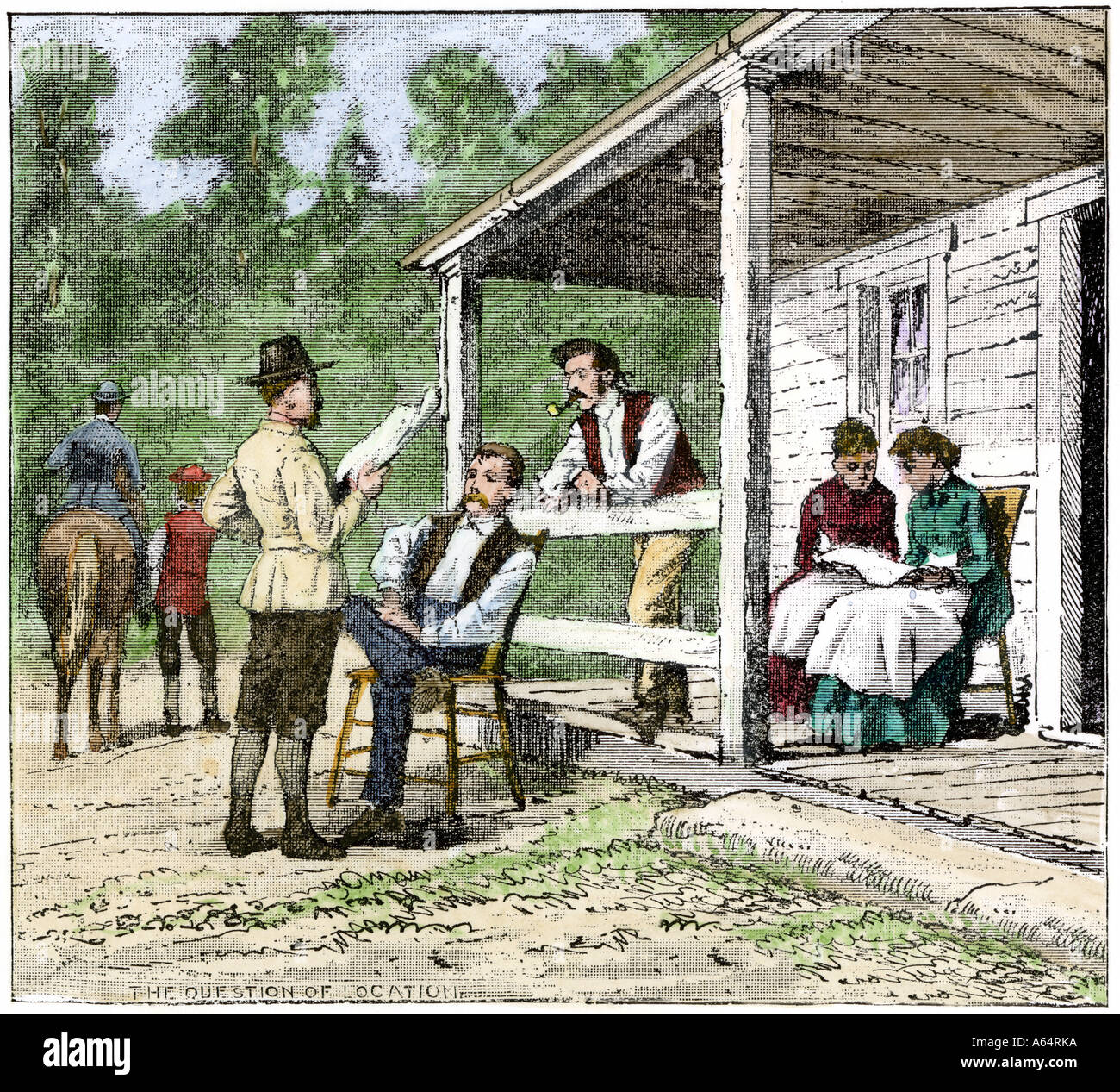 Settlers from England in front of their cabin in the utopian community of Rugby Tennessee 1800s. Hand-colored woodcut Stock Photo