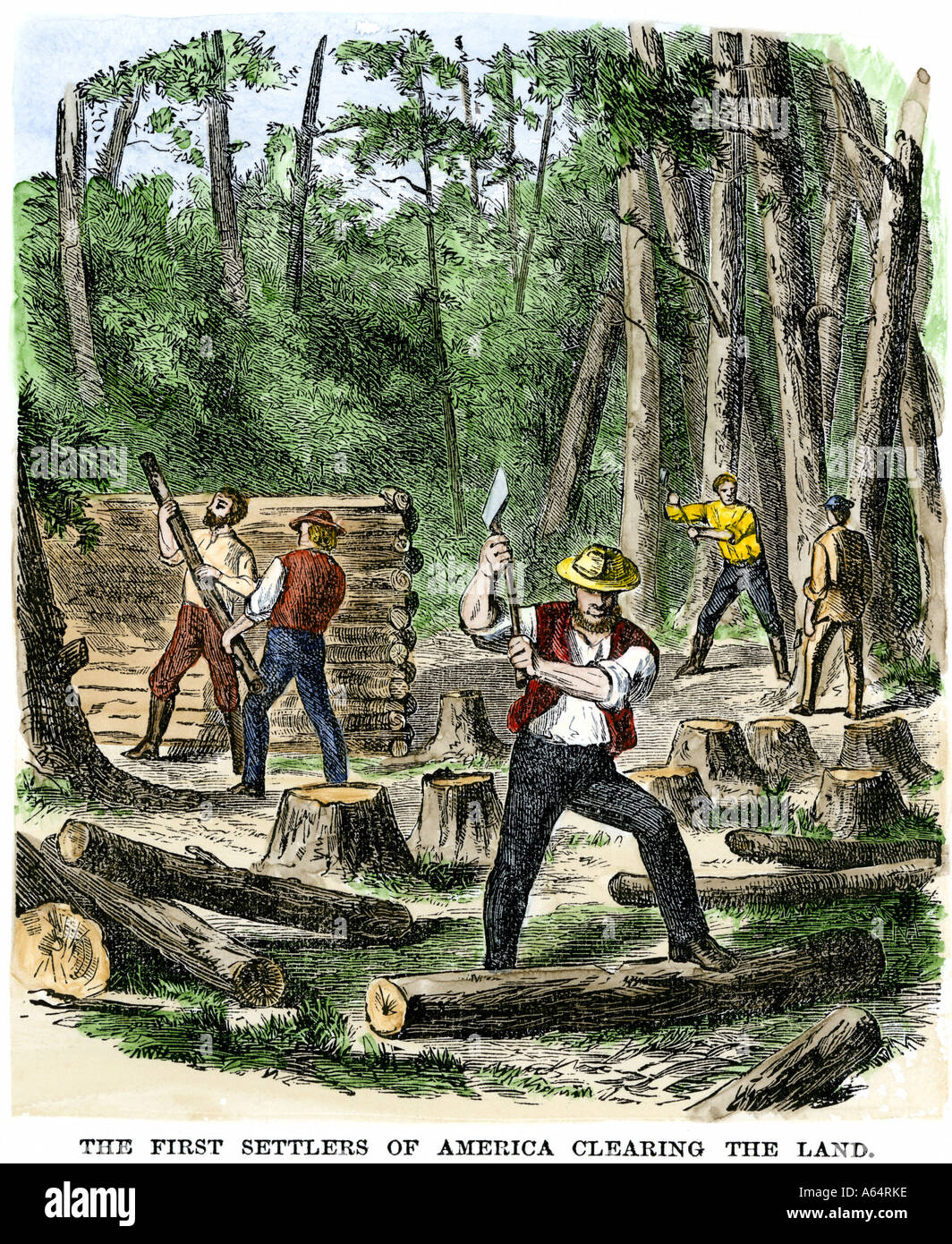 Early settlers of North America clearing land for a log cabin. Hand-colored woodcut Stock Photo
