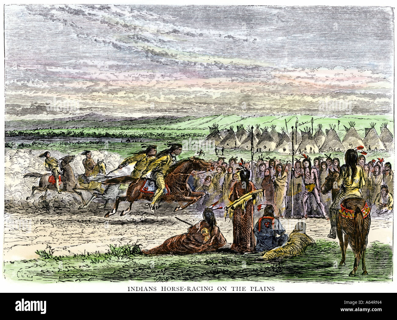 Native Americans horse racing near a tipi village on the Great Plains 1800s. Hand-colored woodcut Stock Photo