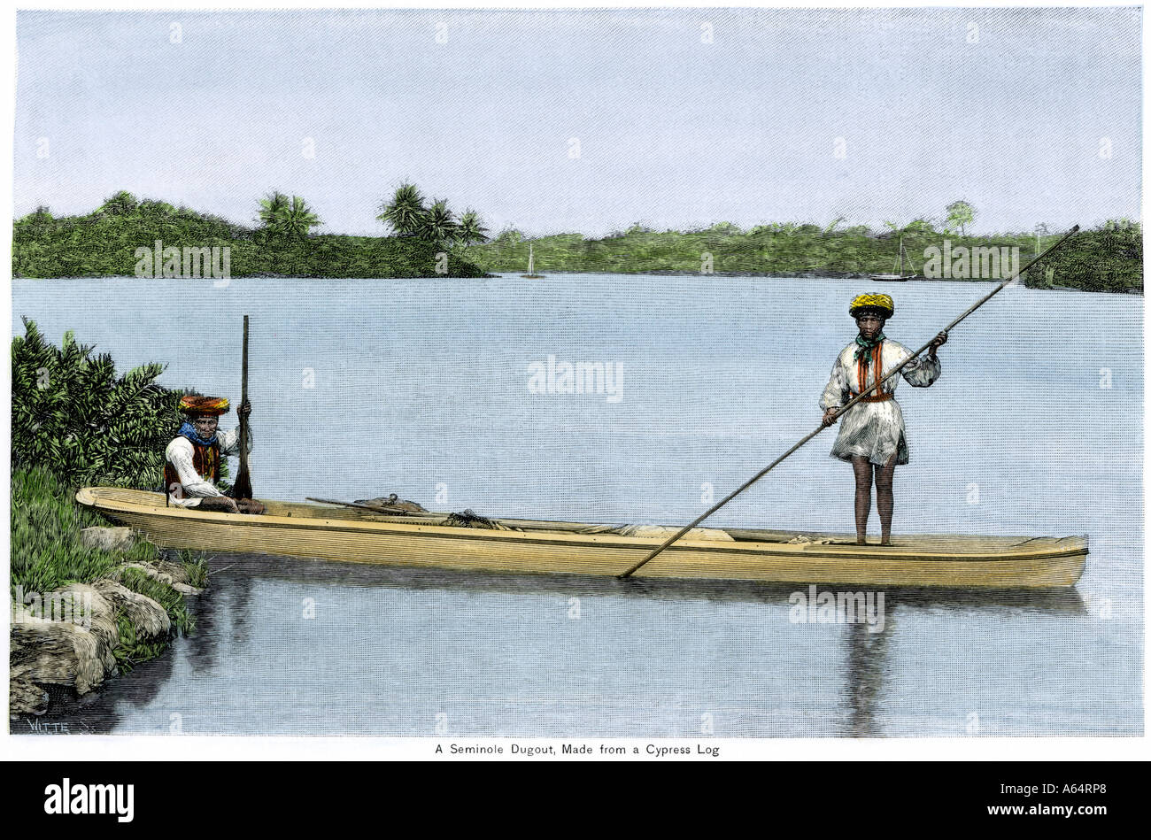 Seminole Native Americans in their dugout canoe made from a cypress log in Florida 1800s. Hand-colored woodcut Stock Photo
