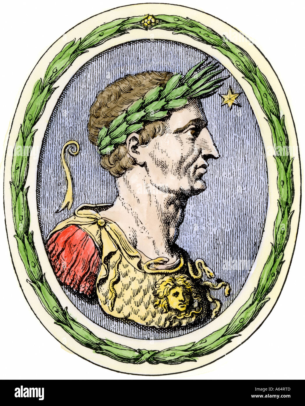 Julius Caesar crowned with laurel. Hand-colored woodcut Stock Photo