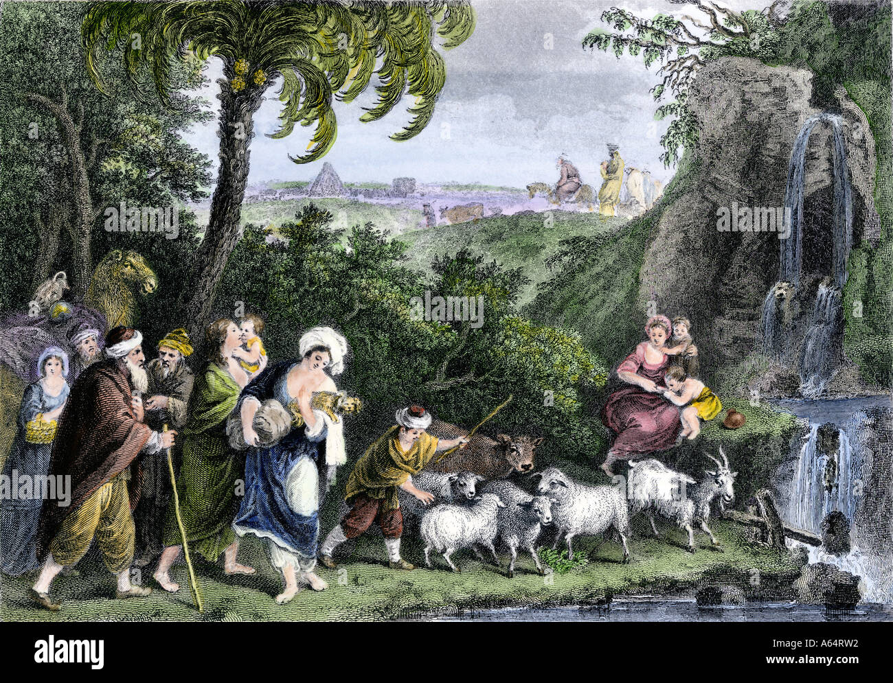 Abraham leaving Ur for Canaan with Lot and the rest of his family. Hand-colored engraving Stock Photo