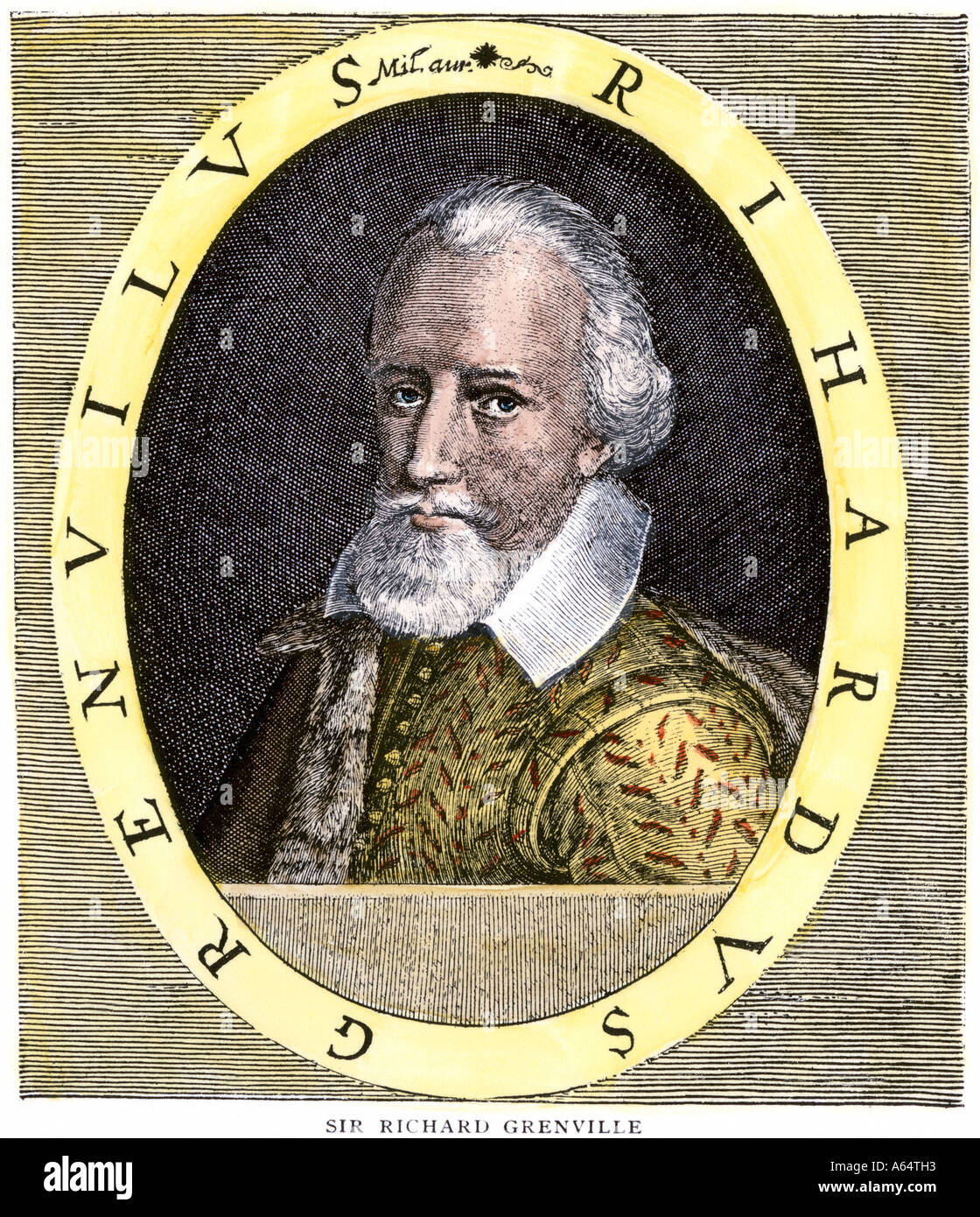 Sir Richard Grenville English explorer and naval commander. Hand-colored woodcut Stock Photo