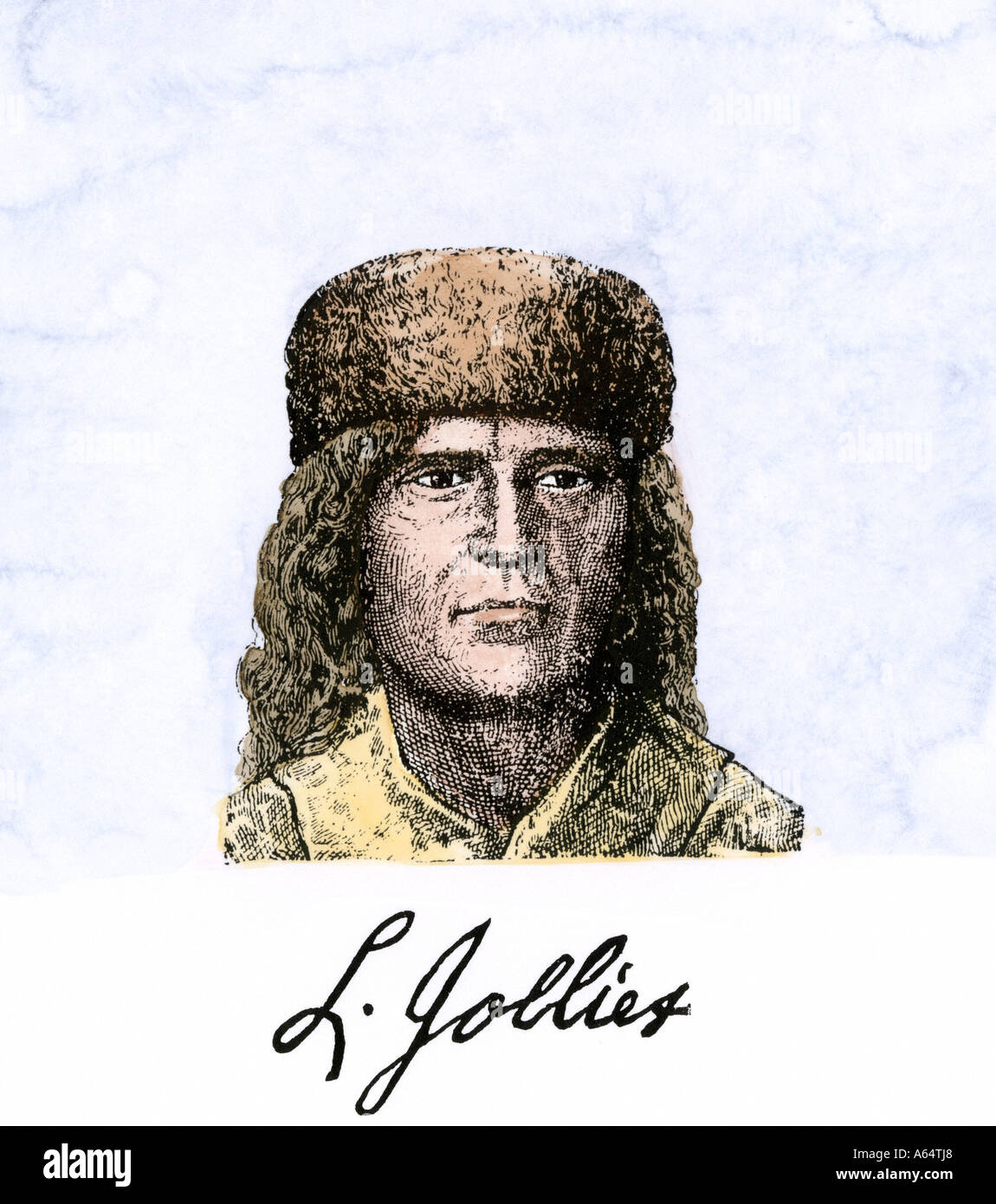French Canadian trader and explorer Louis Joliet with his autograph. Hand-colored woodcut Stock Photo
