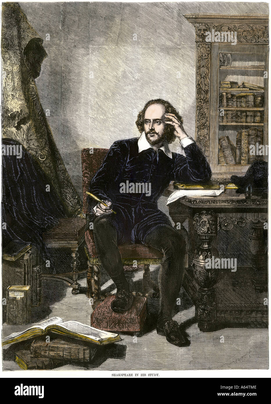William Shakespeare in his study. Hand-colored woodcut Stock Photo