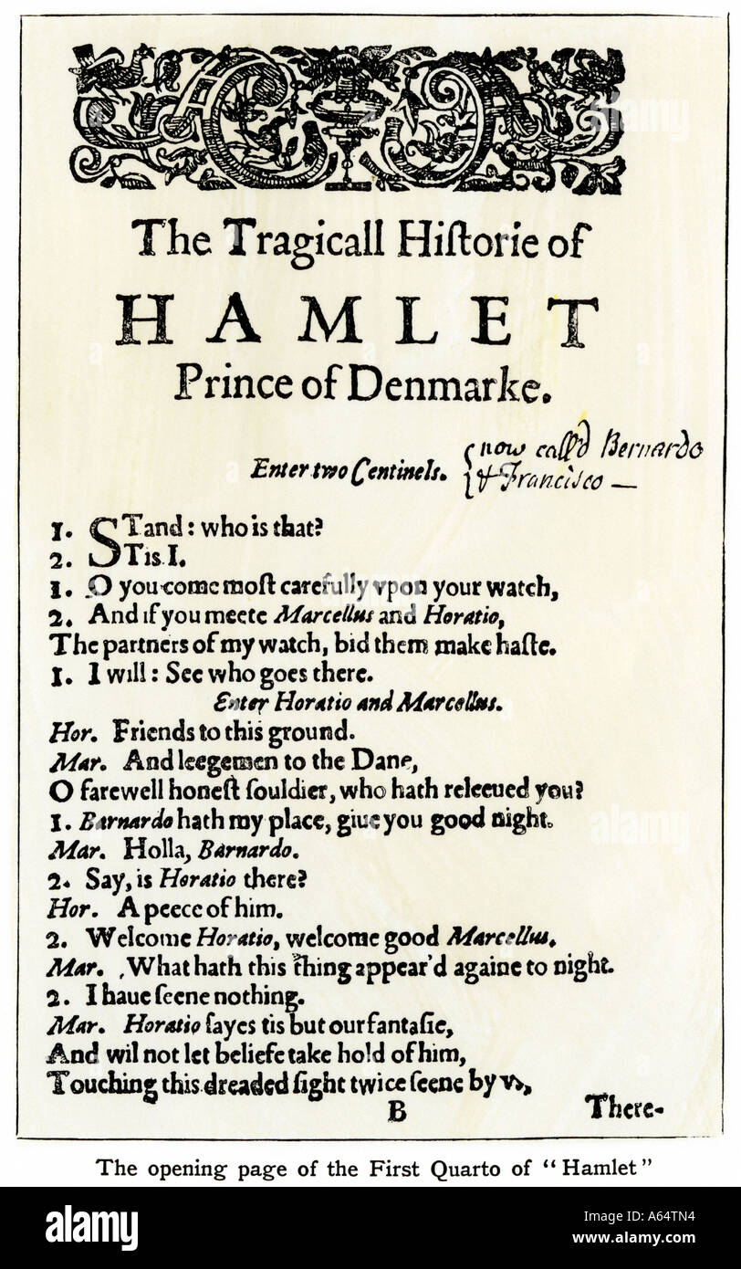 Opening page of Hamlet from Shakespeare First Quarto. Woodcut with a watercolor wash Stock Photo