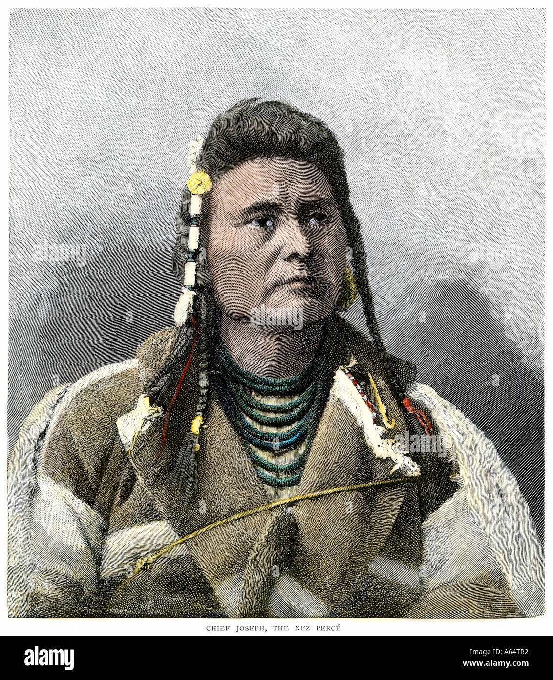 Chief Joseph of the Nez Perce Native Americans who were driven from their homeland in the 1870s. Hand-colored woodcut Stock Photo