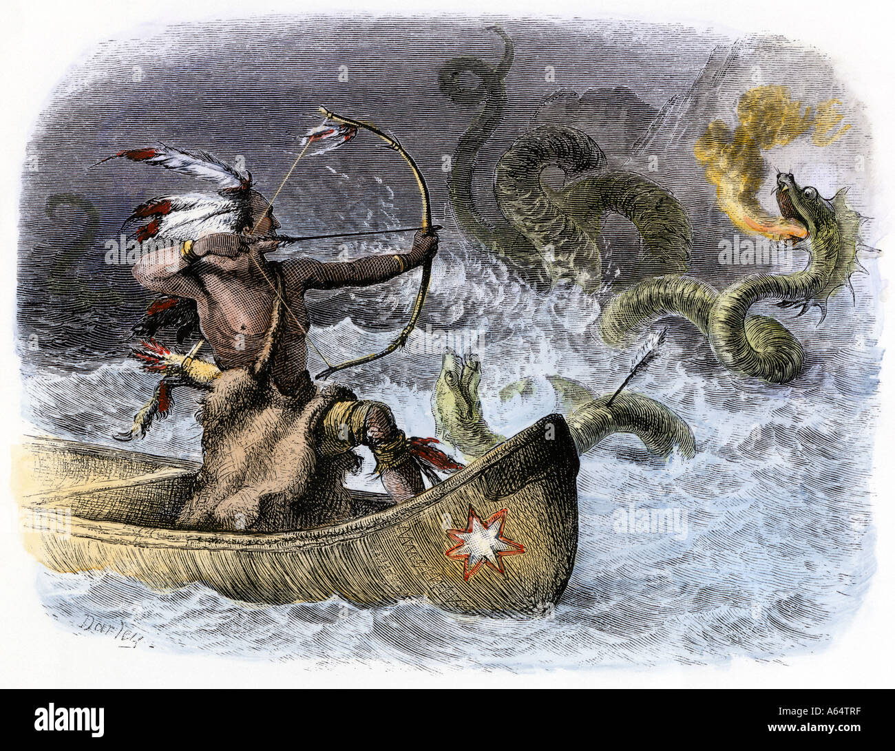 Hiawatha in a canoe aiming his arrow at the sea dragon. Hand-colored woodcut Stock Photo