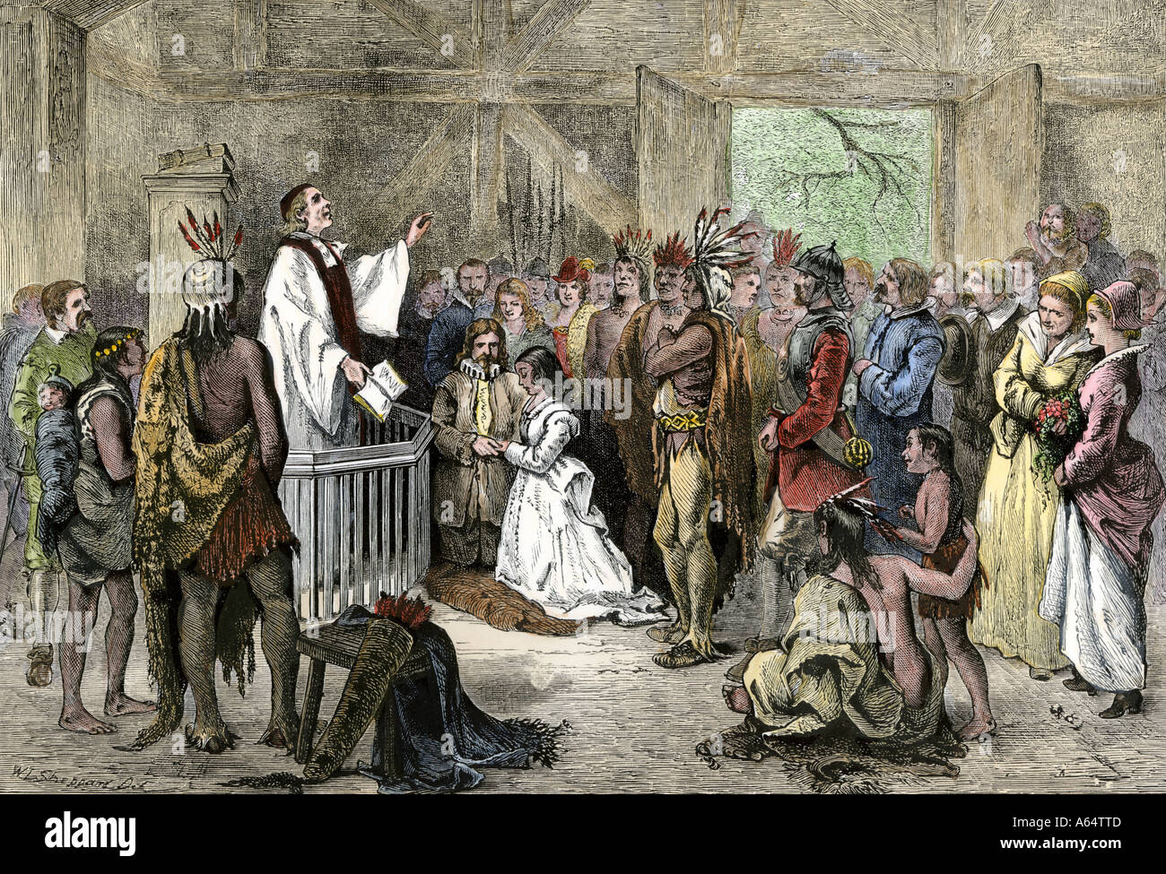 Pocahontas marriage to John Rolfe in Jamestown Virginia Colony. Handcolored woodcut Stock Photo
