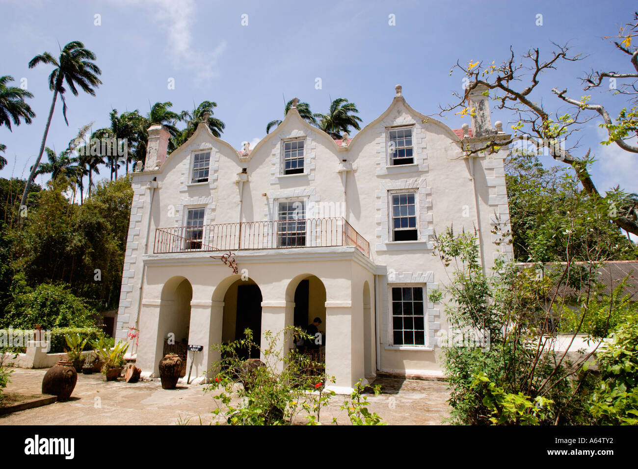 WEST INDIES Caribbean Barbados St Peter Parish St Nicholas Abbey Jacobean Plantation House and Gardens with tropical plants. Stock Photo