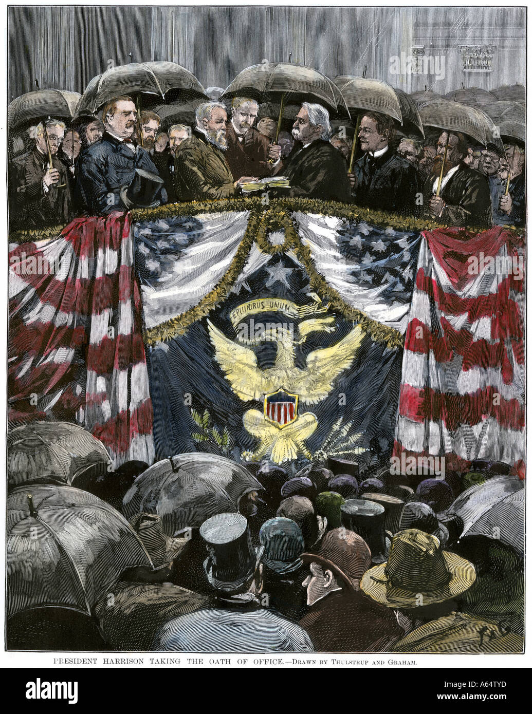 Benjamin harrison taking the presidential oath of office 1889 hand