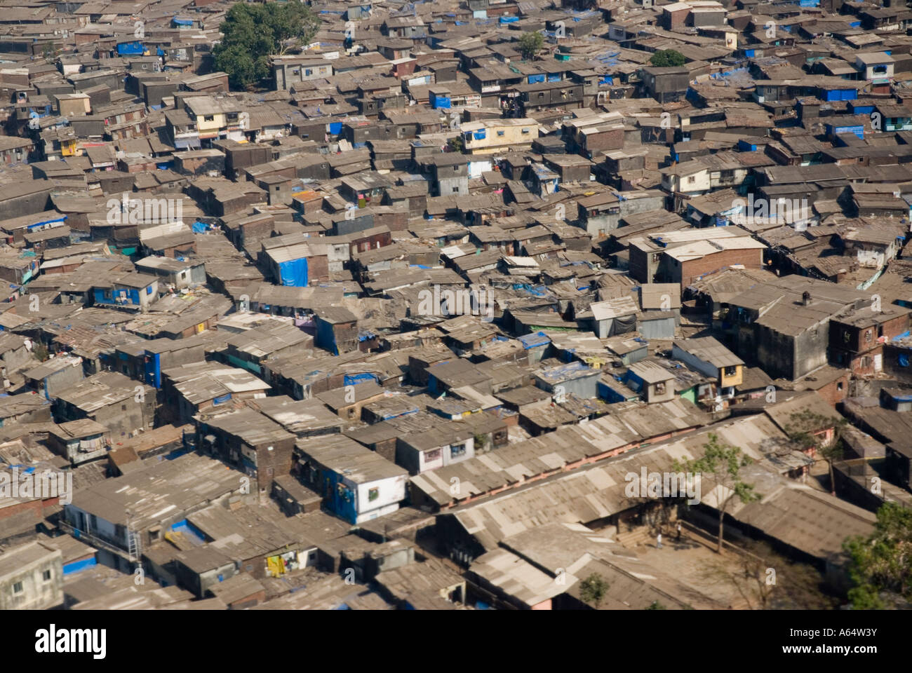 An aerial view of Dharavi slum area in Mumbai India which is the largest in Asia Stock Photo
