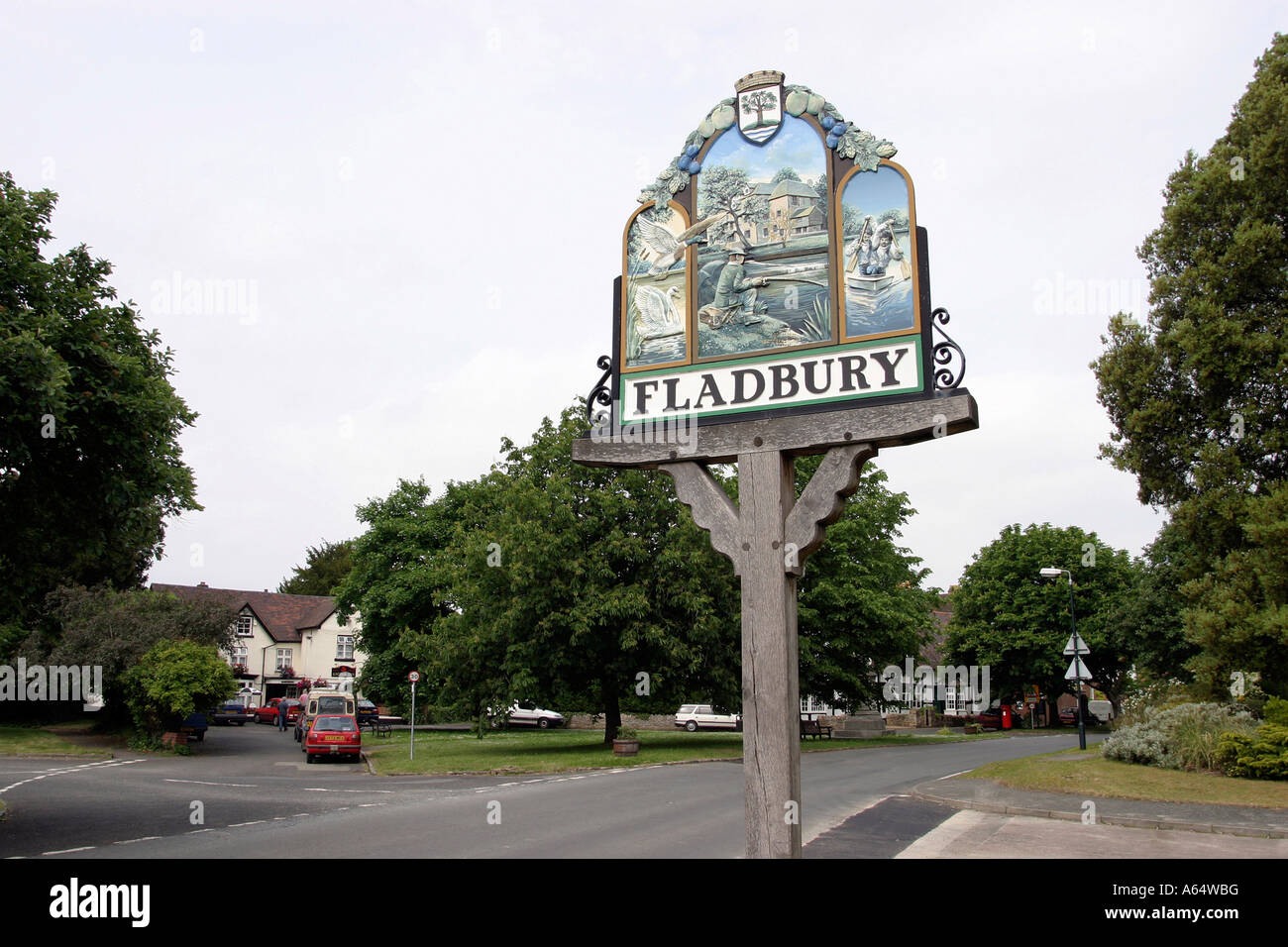 UK England Worcestershire Fladbury sign on village green Stock Photo