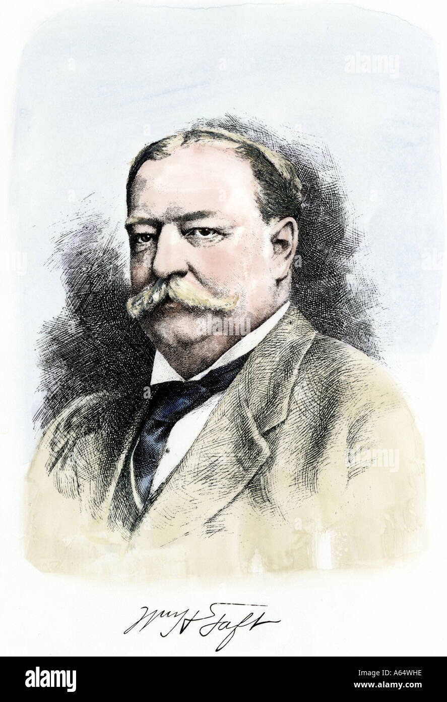 William Howard Taft portrait with autograph. Hand-colored woodcut Stock Photo