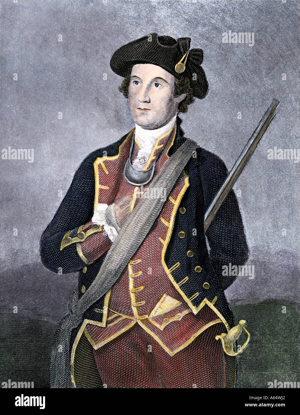 George Washington in 1772 wearing his Virginia militia uniform before the American Revolution. Hand-colored woodcut Stock Photo