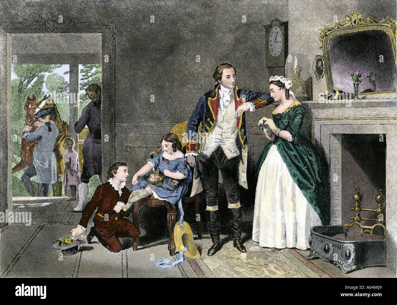 First meeting of George Washington with young widow Martha Custis who became his wife. Hand-colored steel engraving Stock Photo