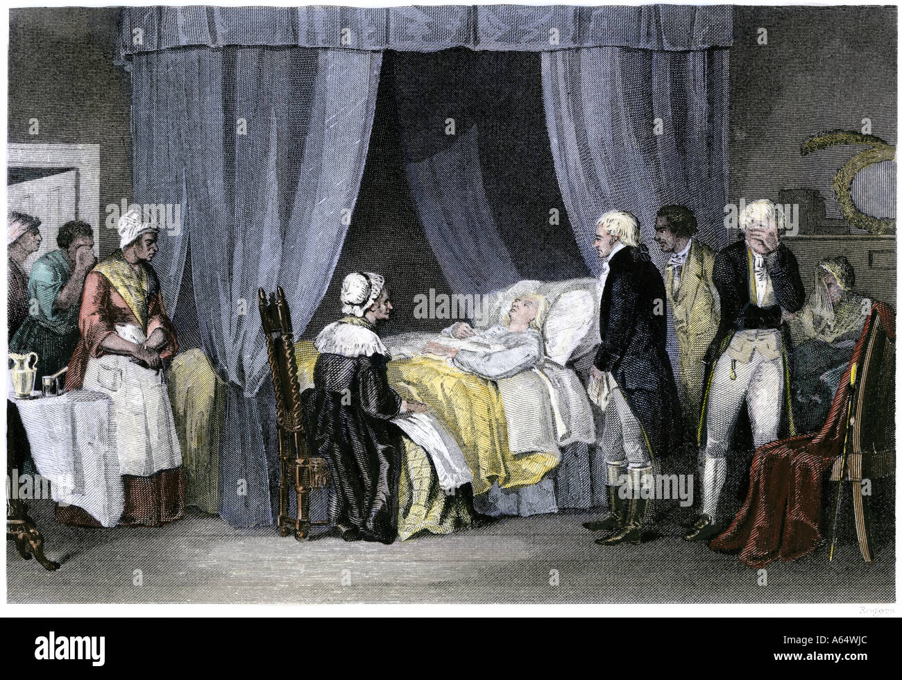 Death of Washington at his Mount Vernon home 1799. Handcolored