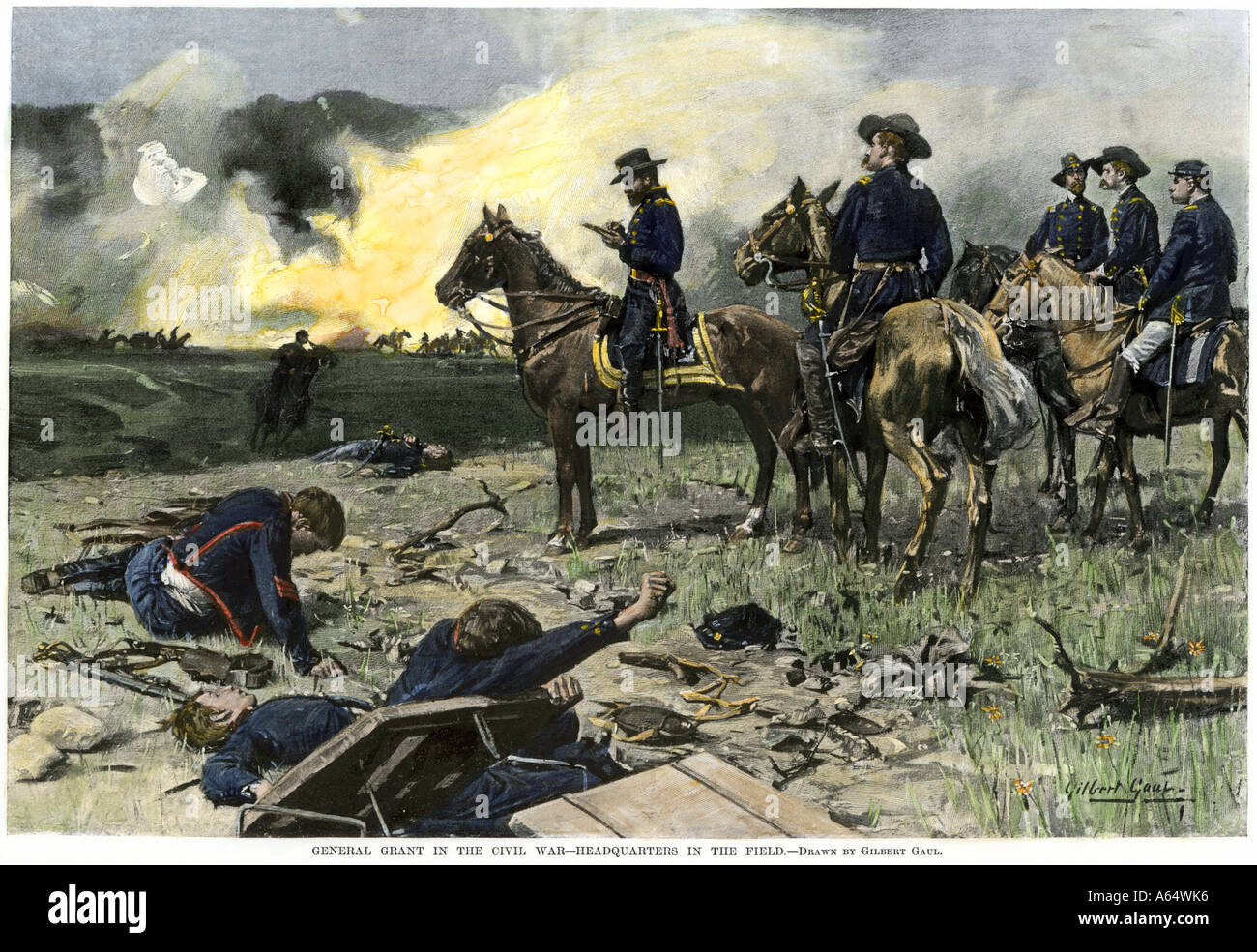 Union General Ulysses S Grant on horseback with his officers on a Civil War battlefield. Hand-colored woodcut Stock Photo
