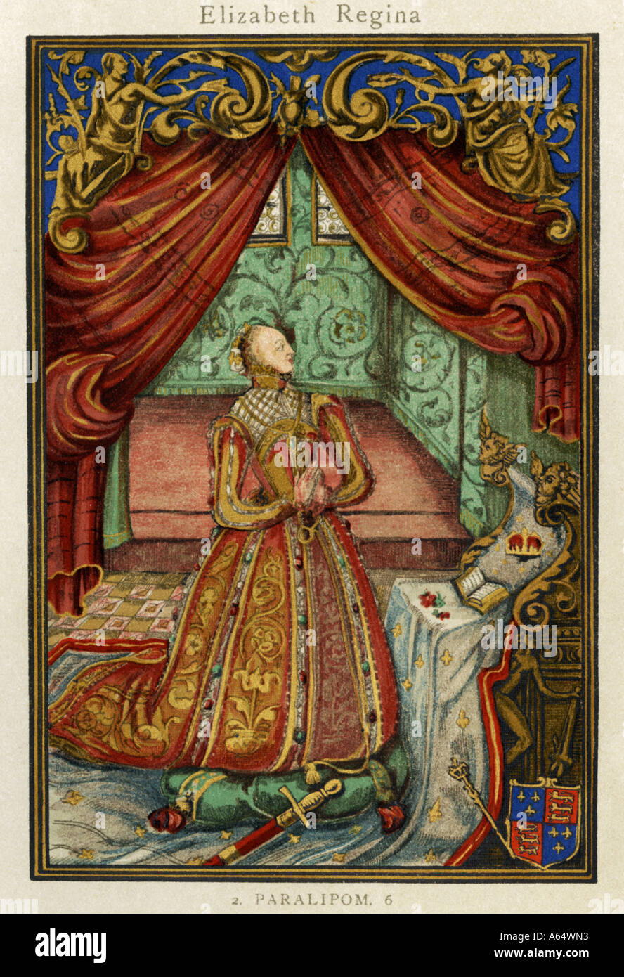 Queen Elizabeth at prayer Frontispiece Christian Prayers 1569. Color lithograph Stock Photo