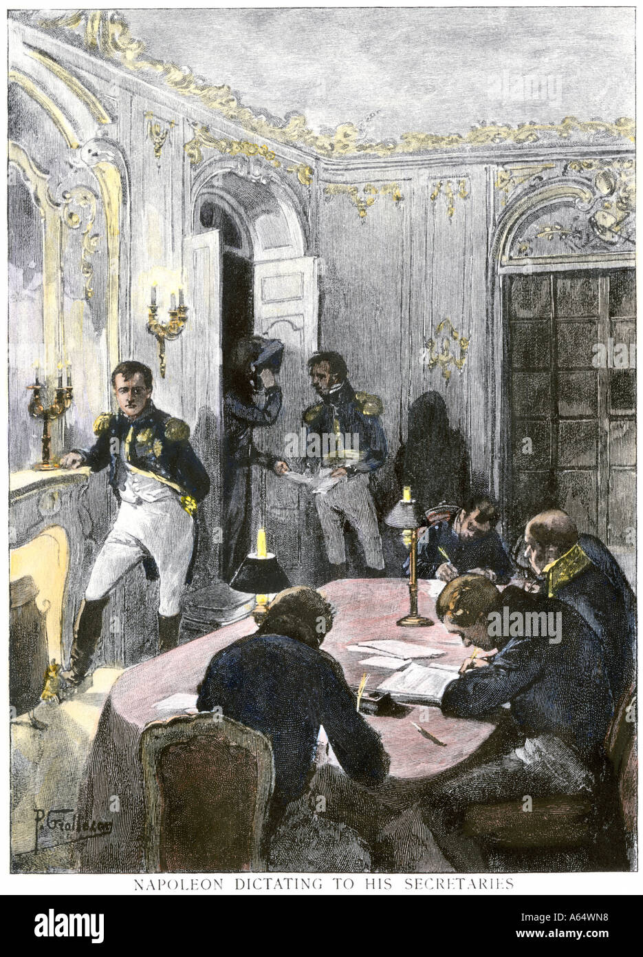 Napoleon Bonaparte dictating to his secretaries. Hand-colored woodcut Stock Photo