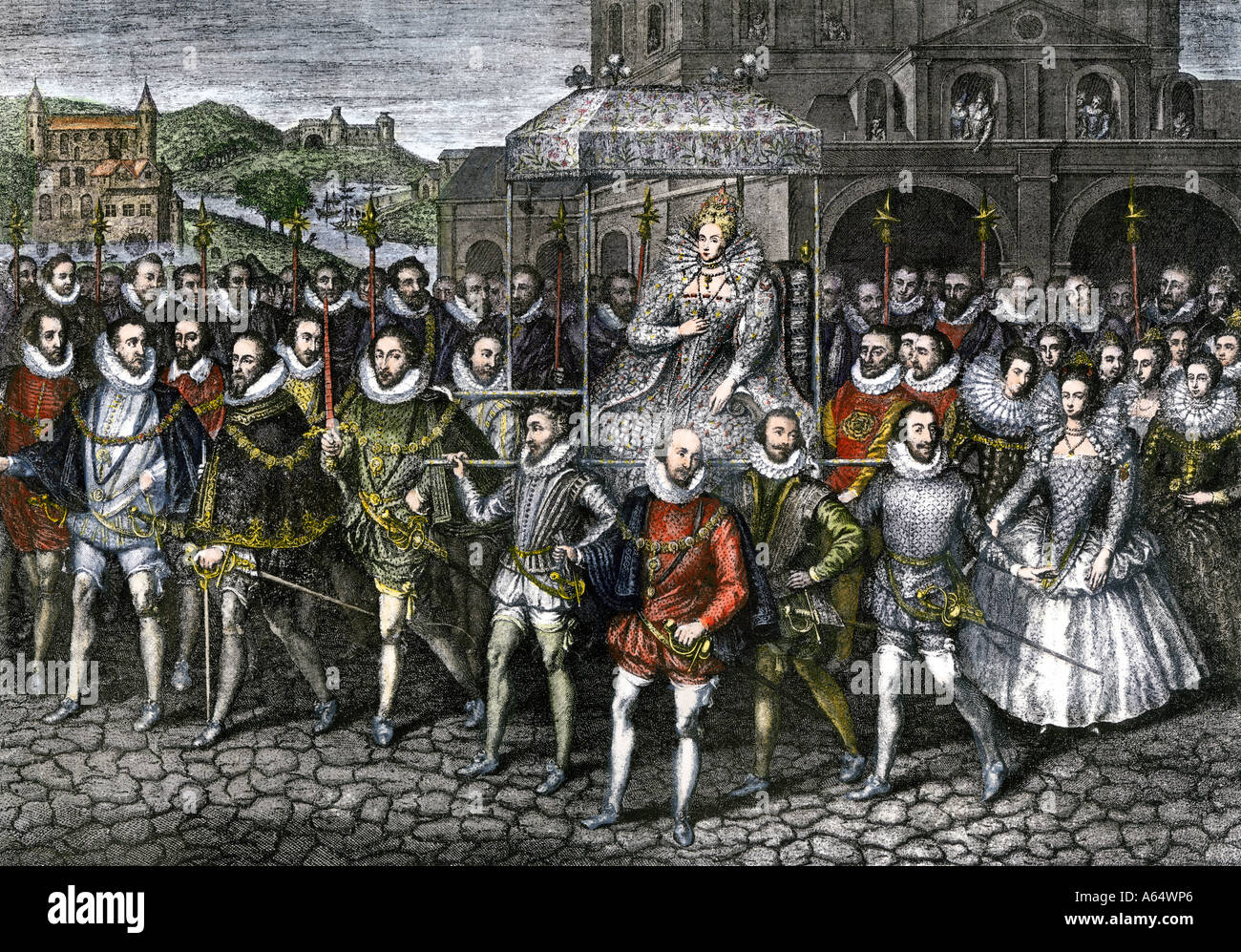 Visit of Queen Elizabeth I to Blackfriars in London 1600. Hand-colored woodcut Stock Photo