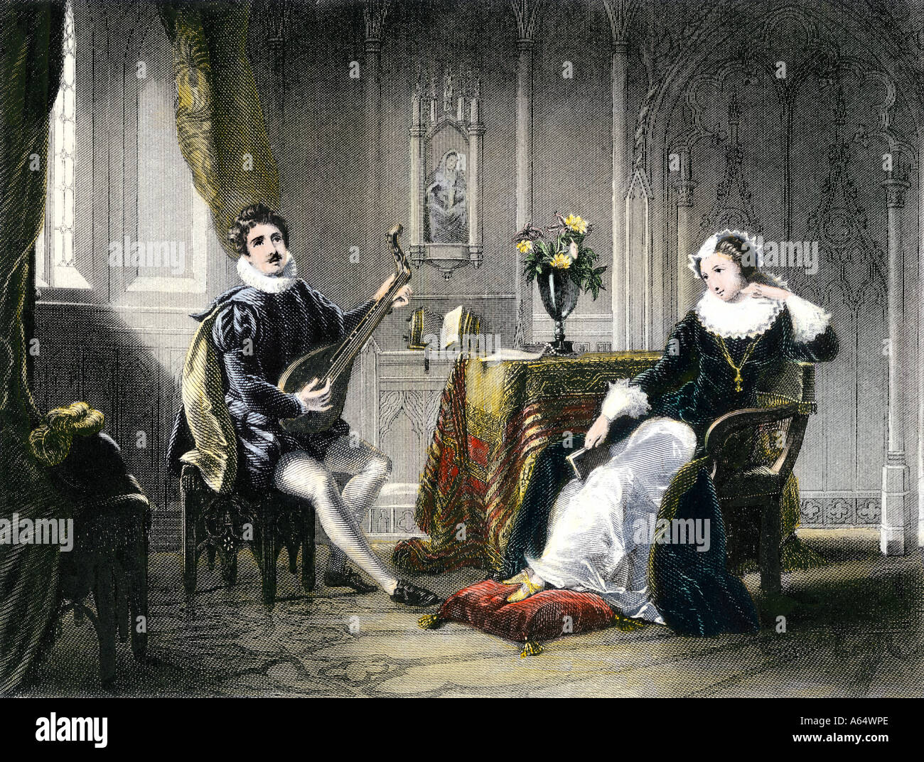 Mary Queen of Scots listening to Chatelar play the lute. Hand-colored steel engraving Stock Photo