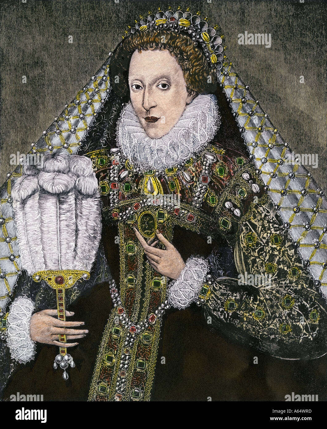 Queen Elizabeth I. Hand-colored woodcut Stock Photo
