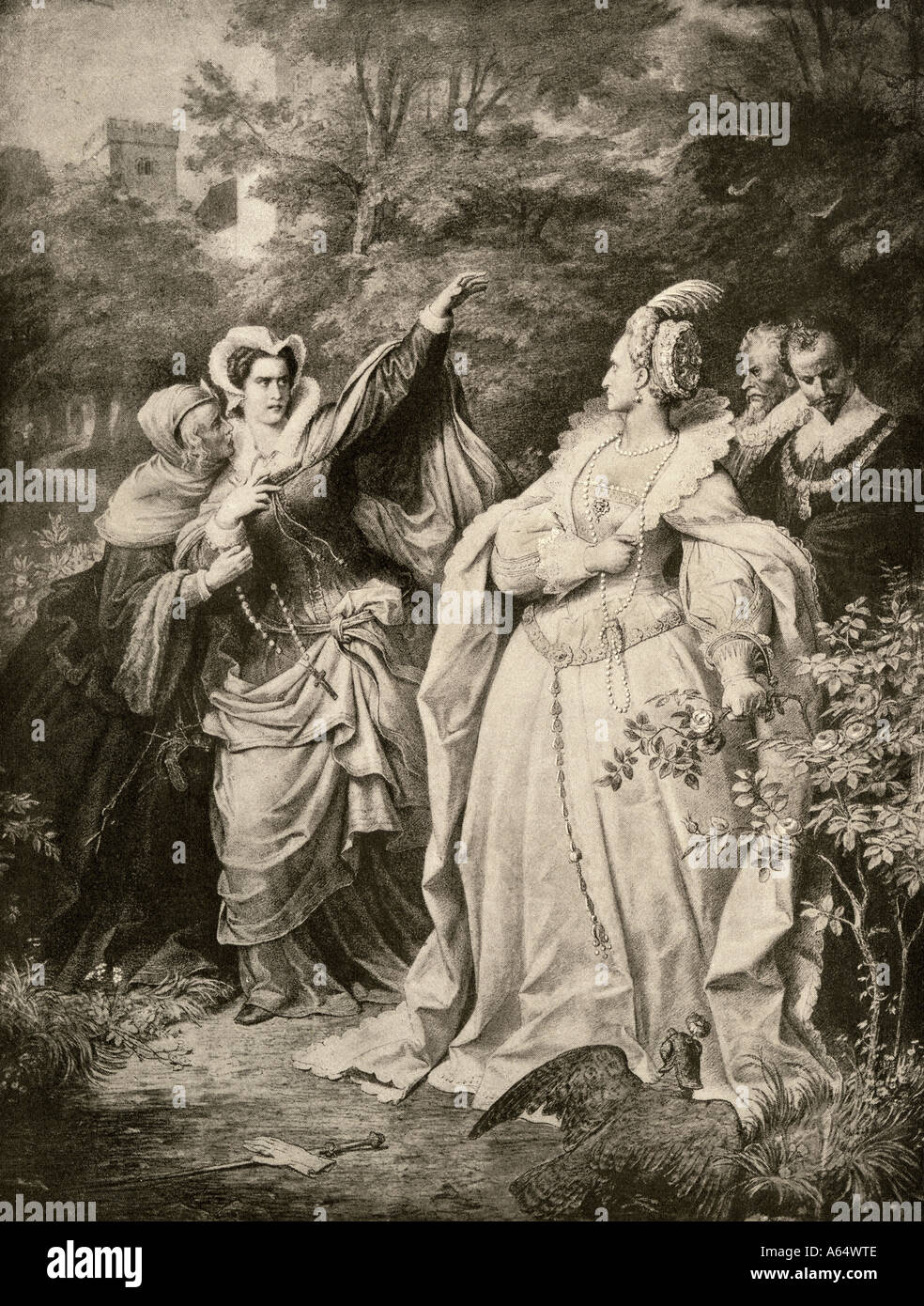 Mary Queen of Scots defying Elizabeth I. Photogravure of an illustration Stock Photo