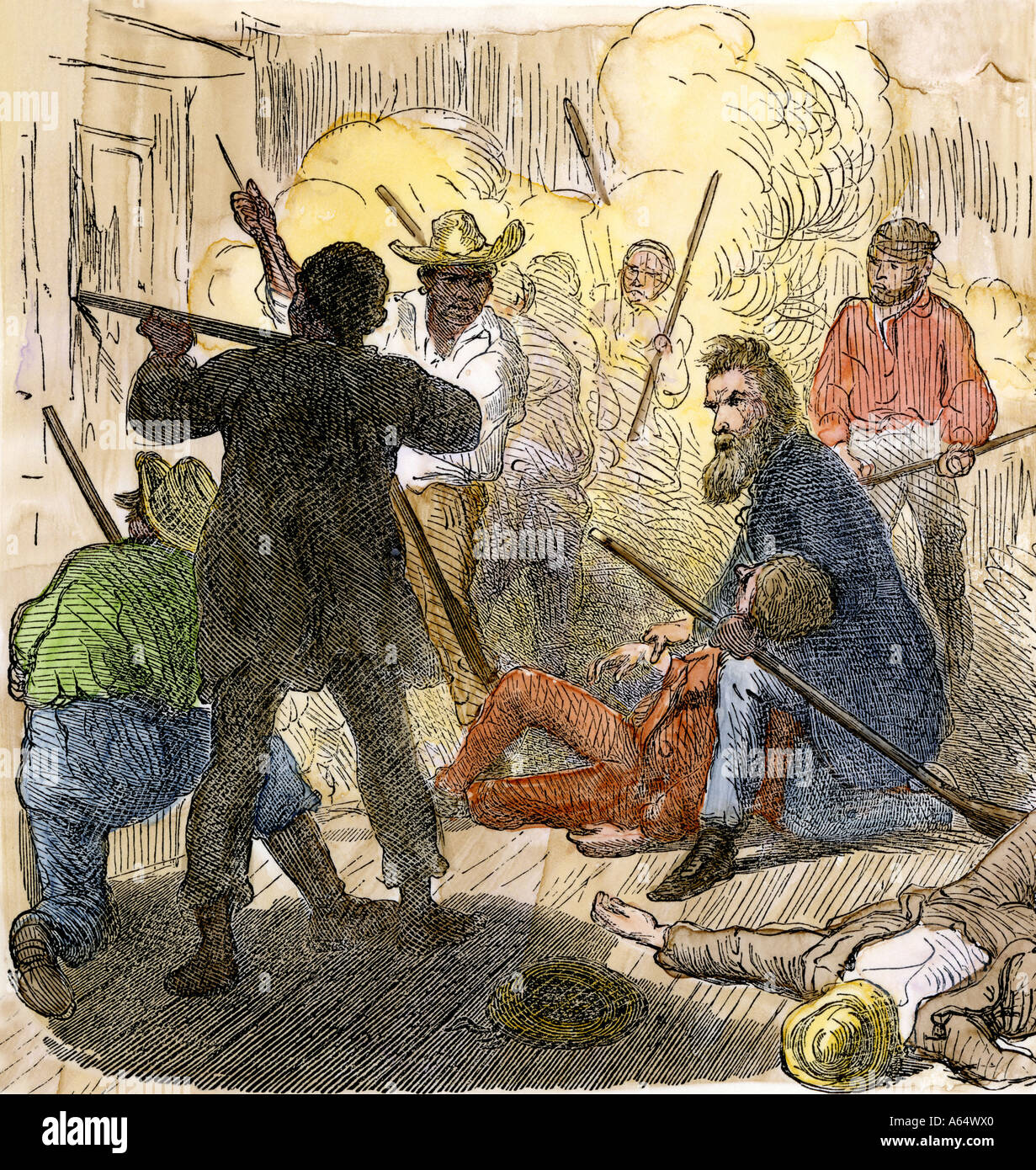 John Brown between his dying sons in the arsenal battle at Harper s Ferry. Hand-colored woodcut Stock Photo