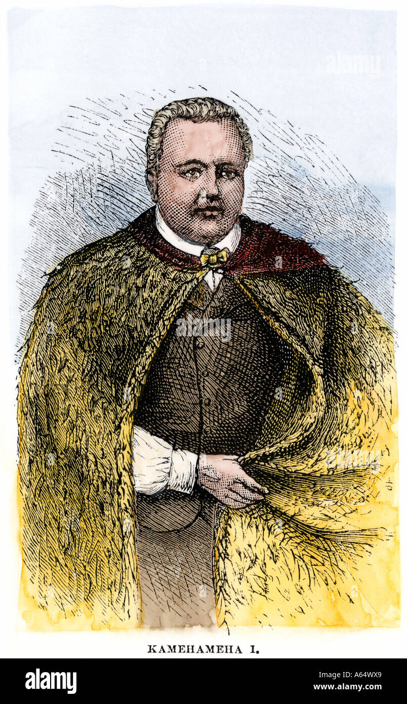 King Kamehameha I of Hawaii. Hand-colored woodcut Stock Photo