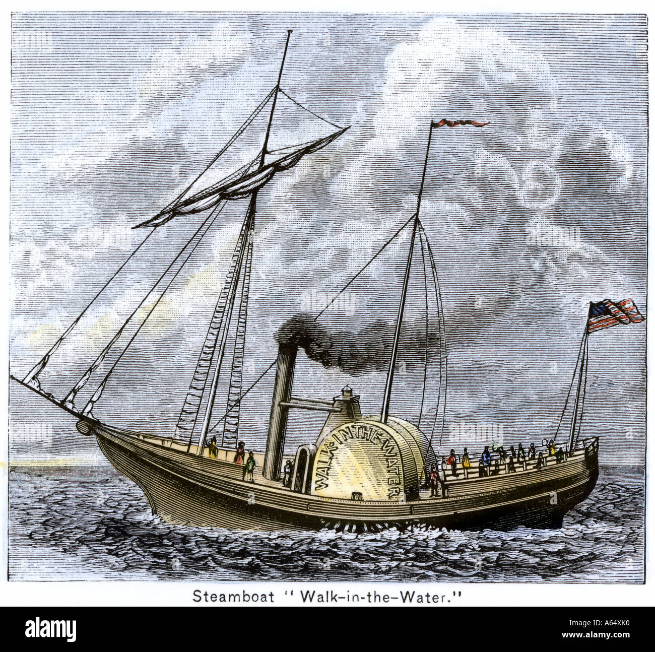 Lake Erie steamboat Walk-in-the-Water 1818. Hand-colored woodcut Stock Photo