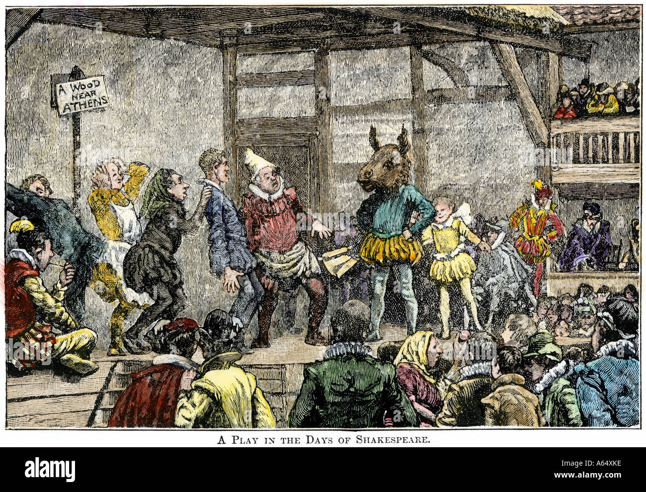 Theatrical performance in the days of Shakespeare. Hand-colored woodcut Stock Photo