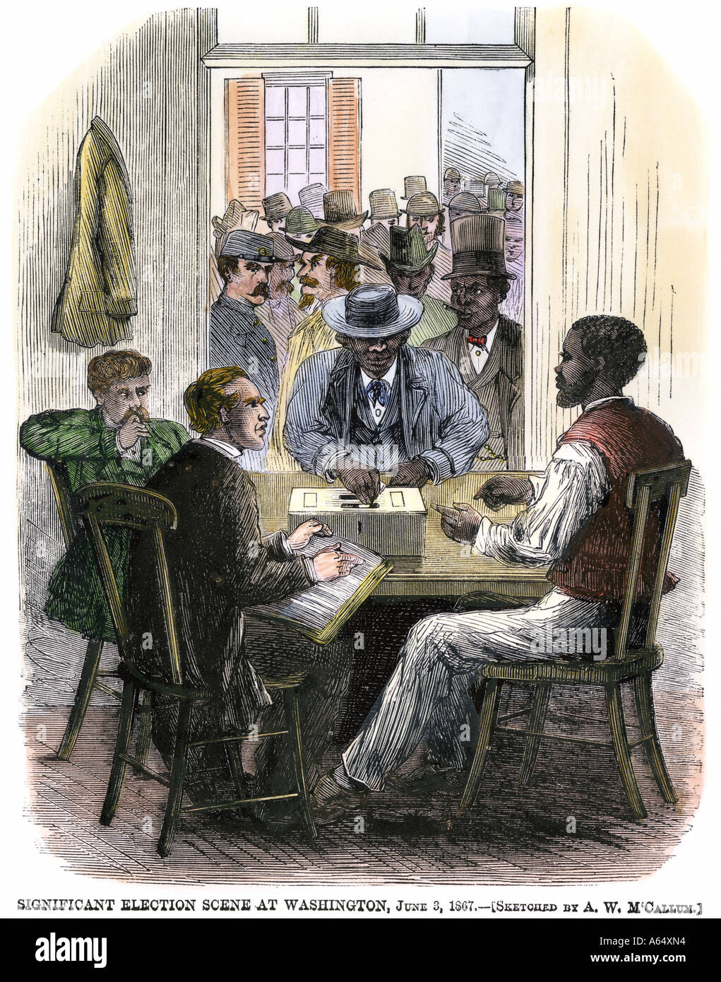 African American election official supervising the first black voters in Washington DC 1867. Hand-colored woodcut Stock Photo