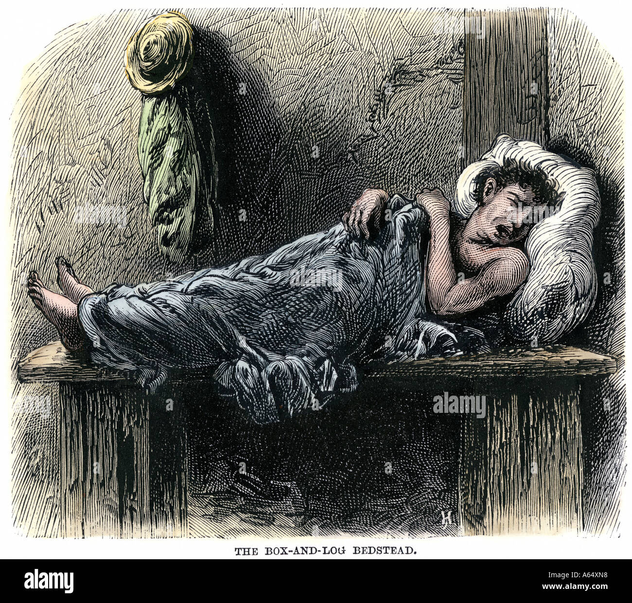 Lodging house for homeless poor people on Water Street in New York City 1870s. Hand-colored woodcut Stock Photo