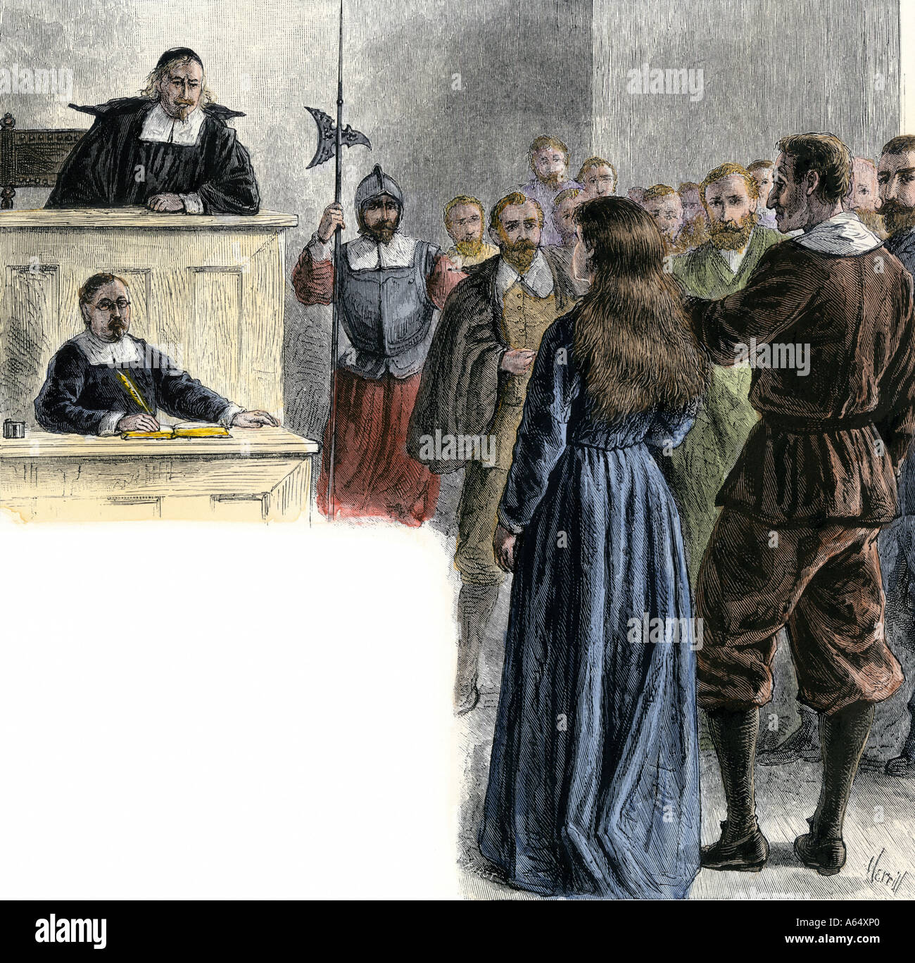 Courtroom scene in Massachusetts Bay Colony 1600s. Hand-colored woodcut Stock Photo