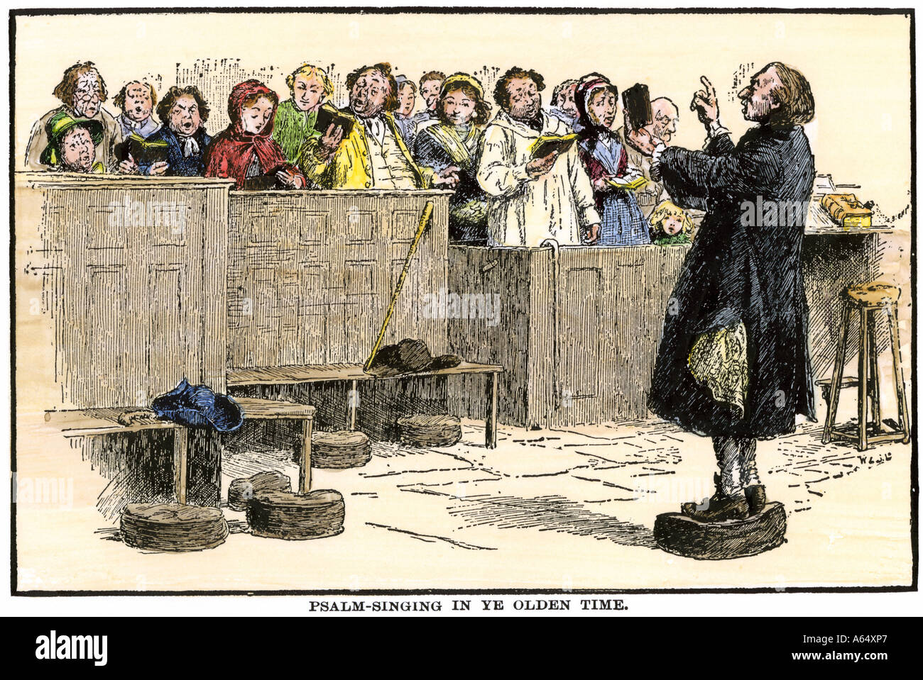 Choir master leading a rural congregation in singing hymns late 1700s ...