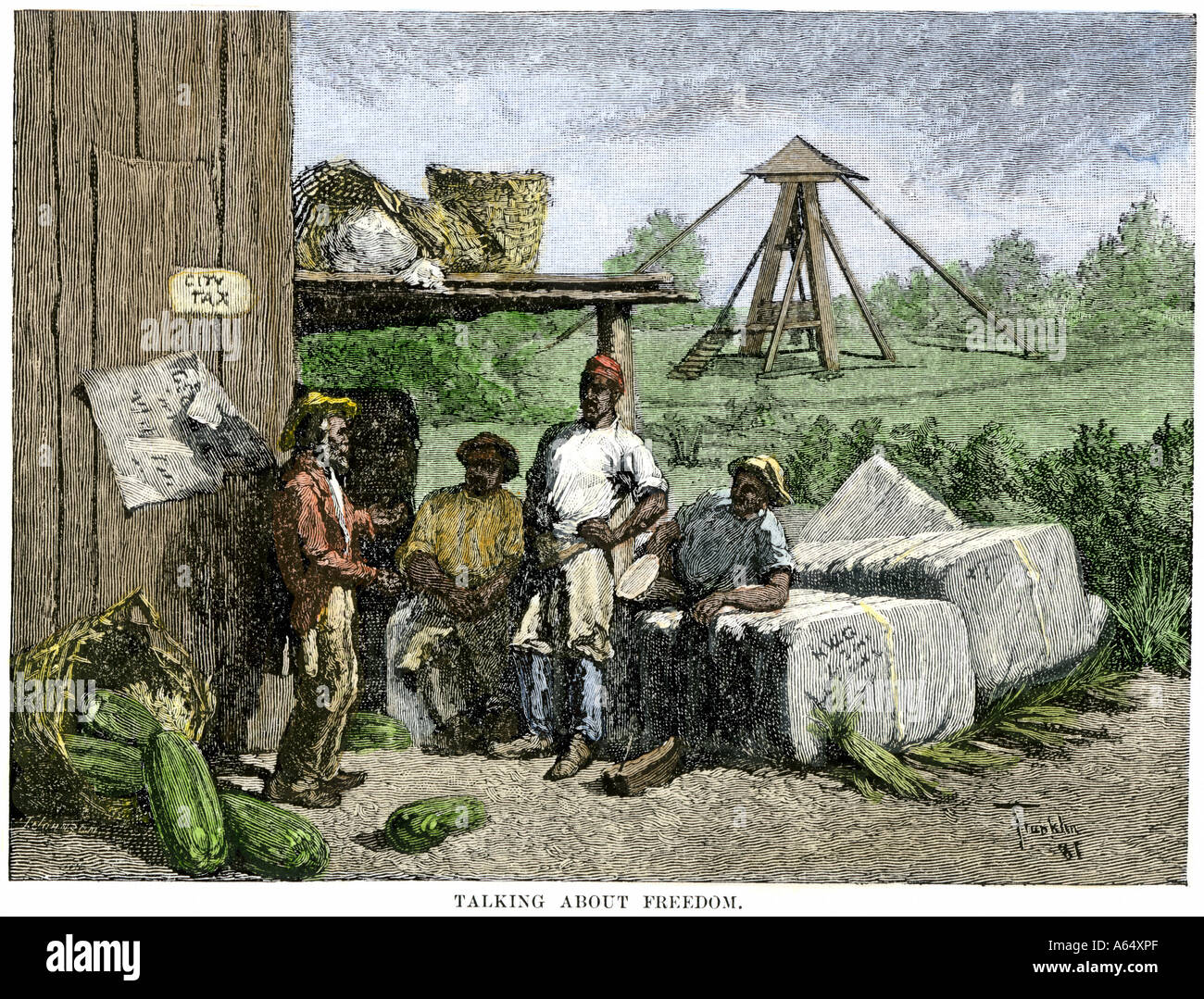 African American slaves on a cotton plantation talking about escaping to freedom 1800s. Hand-colored woodcut Stock Photo