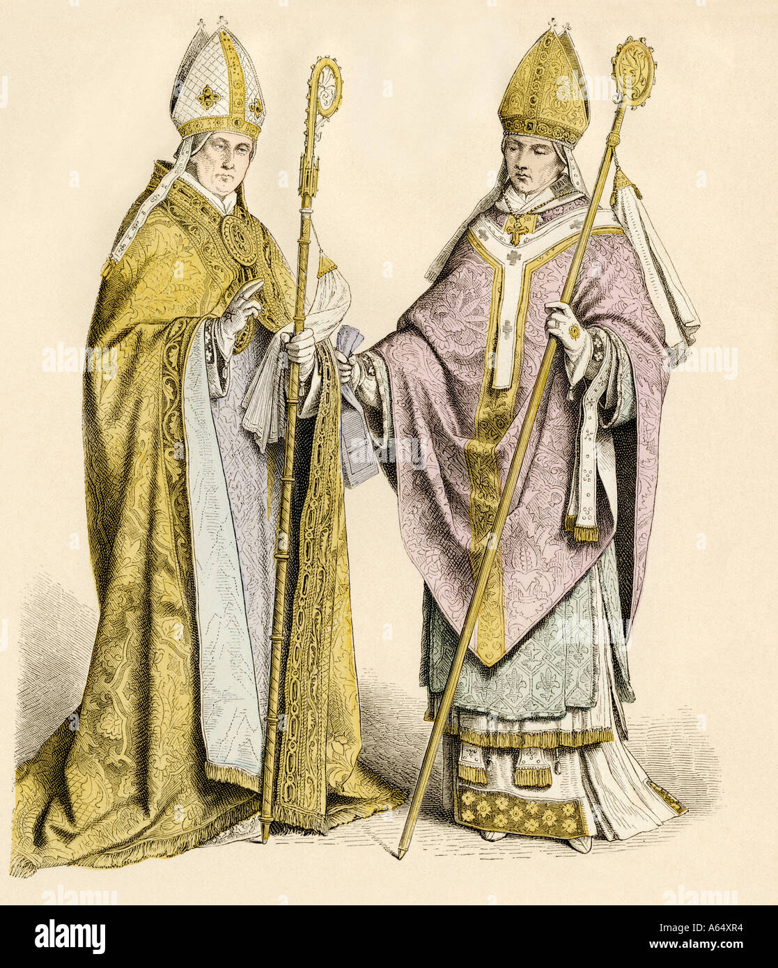 Roman Catholic bishop in a choir robe left and a bishop in his vestments for presiding over Mass 1500s and 1600s. Hand-colored print Stock Photo