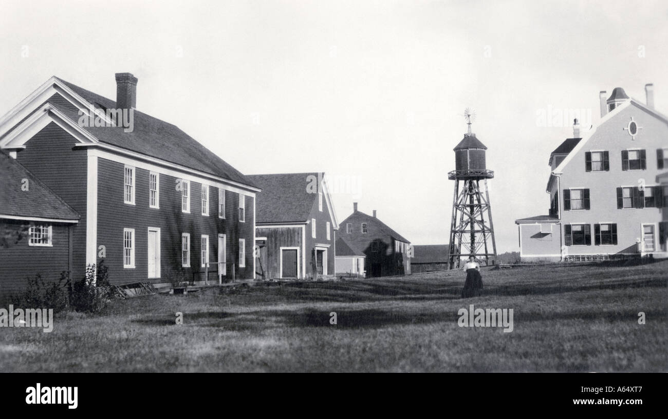 Shaker communal farm buildings and water tower in Alfred Maine circa 1900. Photograph Stock Photo
