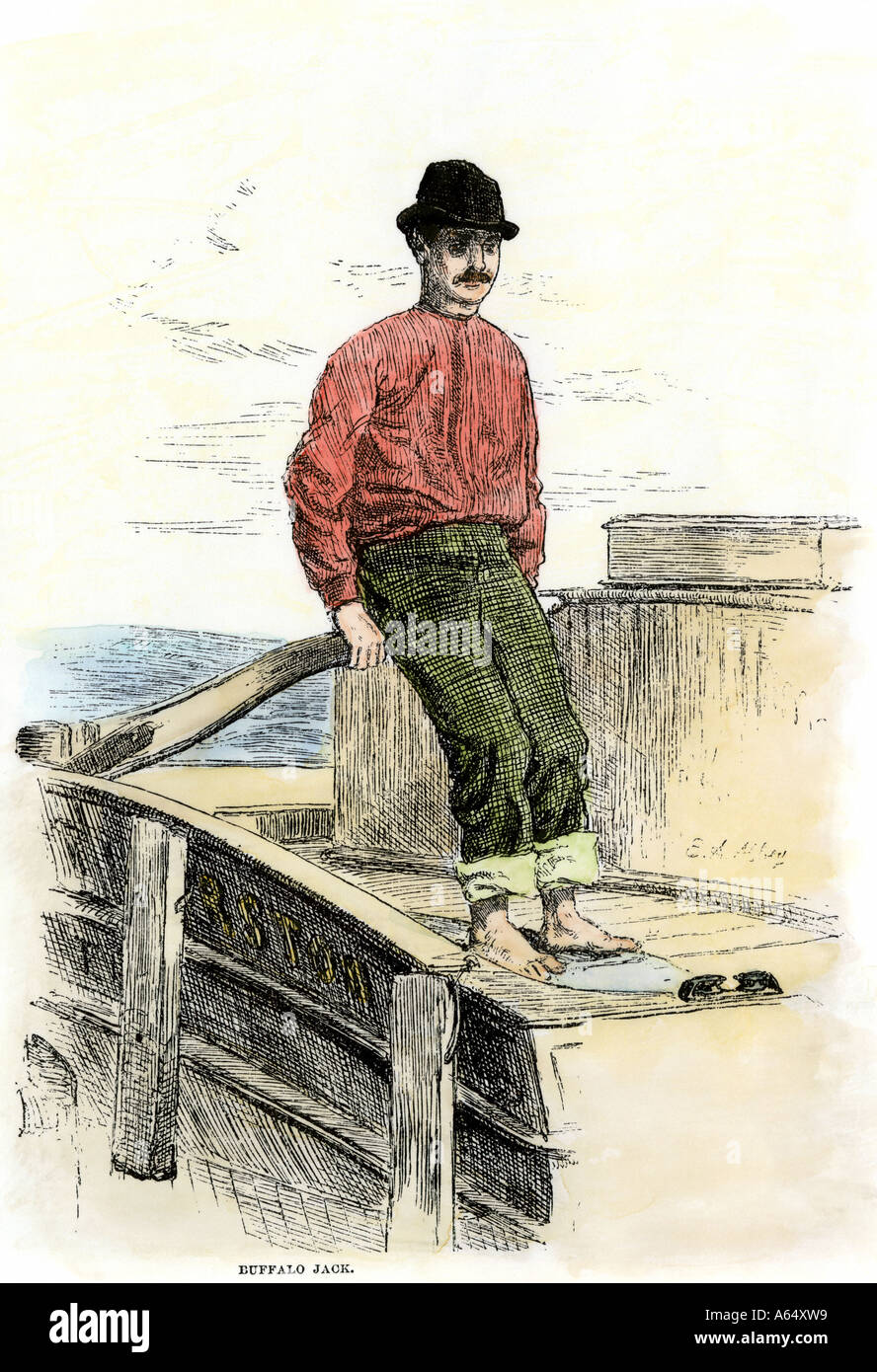 Buffalo Jack a canal boat pilot on the Erie Canal in New York State 1800s. Hand-colored woodcut Stock Photo