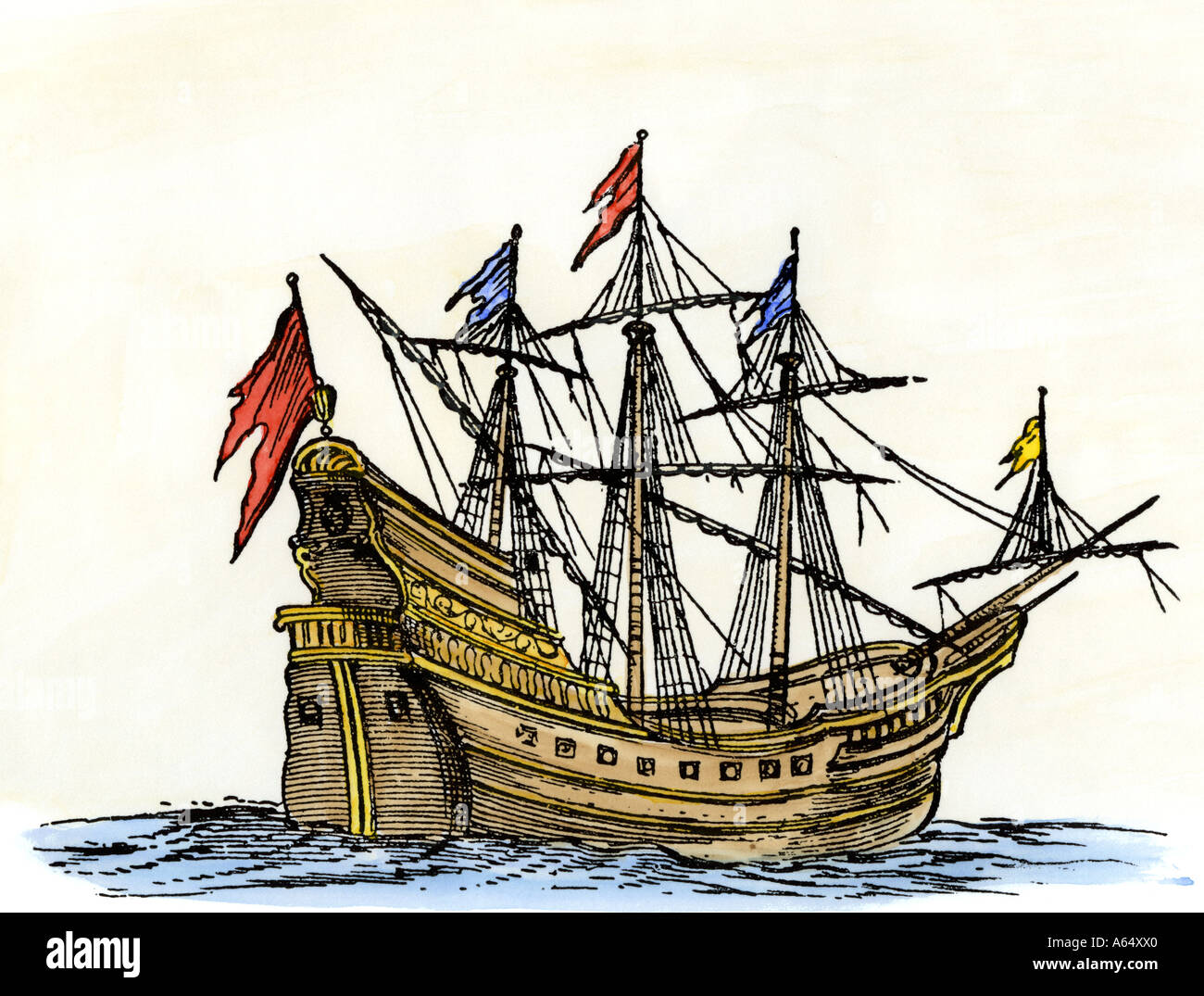 Sailing-ship of the seventeenth century. Hand-colored woodcut Stock Photo