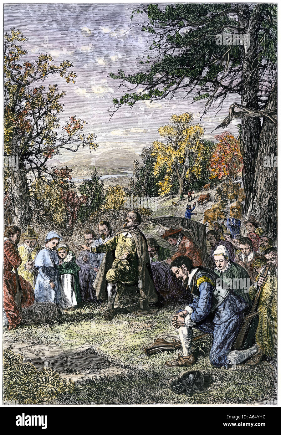 Puritan group led by Joseph Hooker settles Hartford on the Connecticut River 1636. Hand-colored woodcut Stock Photo