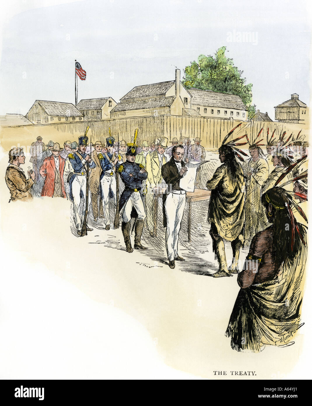 Treaty with the Pottawattomie tribe at Fort Dearborn Illinois 1833. Hand-colored woodcut Stock Photo