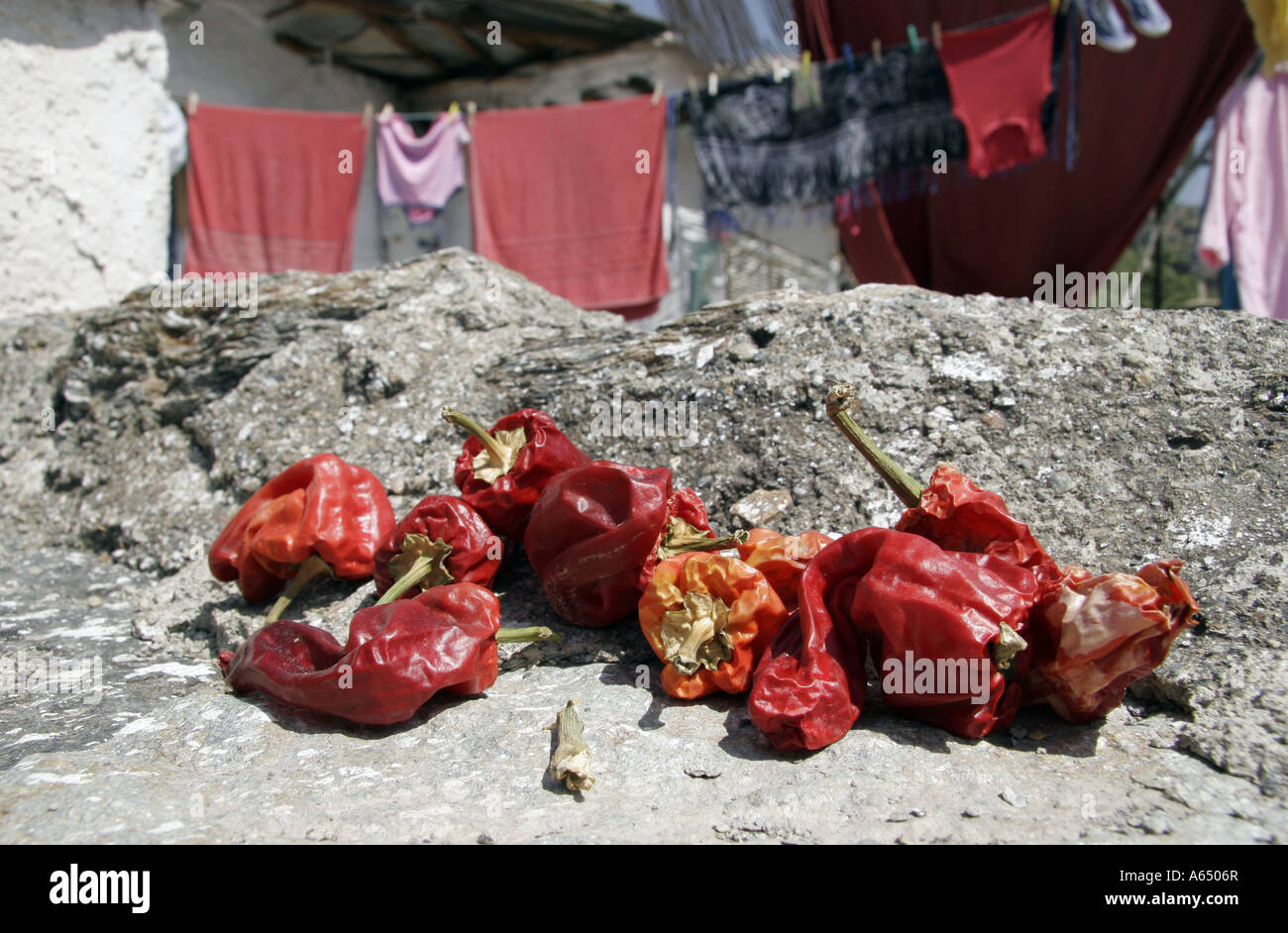 Red peppers drying on the roof of a Spanish house in an Andalucian