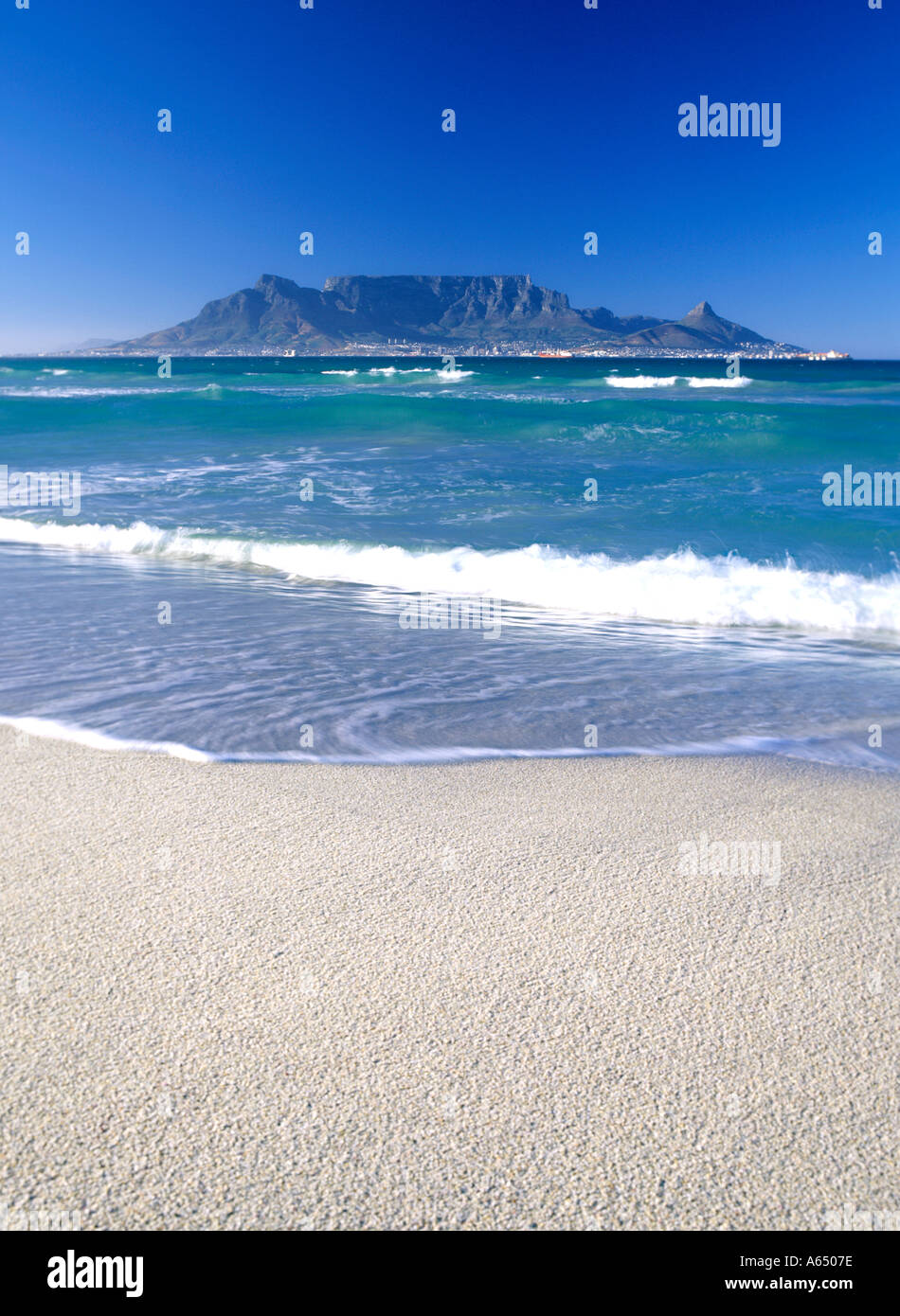 Table Mountain seen across Table Bay from Bloubergstrand in Cape Town South Africa. Stock Photo