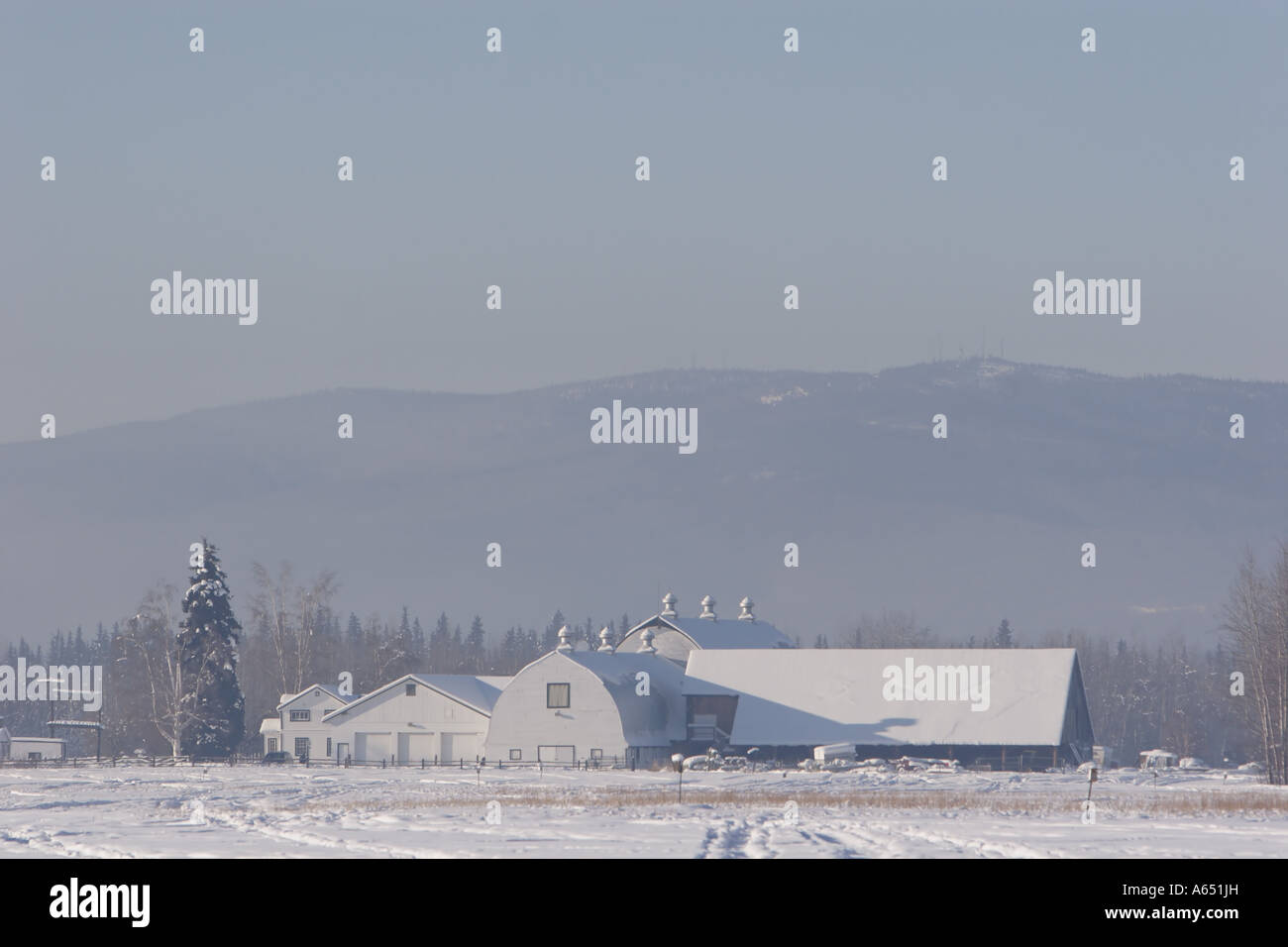 Barns at the Creamer's Field Migratory Waterfowl Refuge in winter with