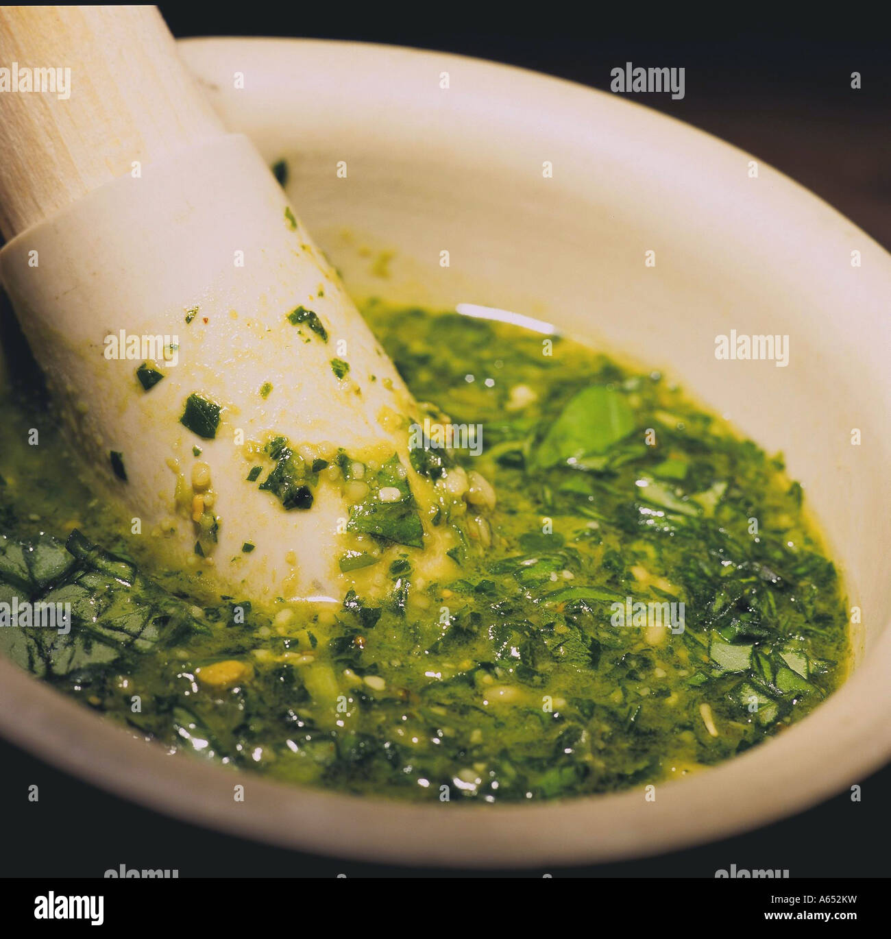 Parsley Pesto Made in Marble Mortar, Dishes