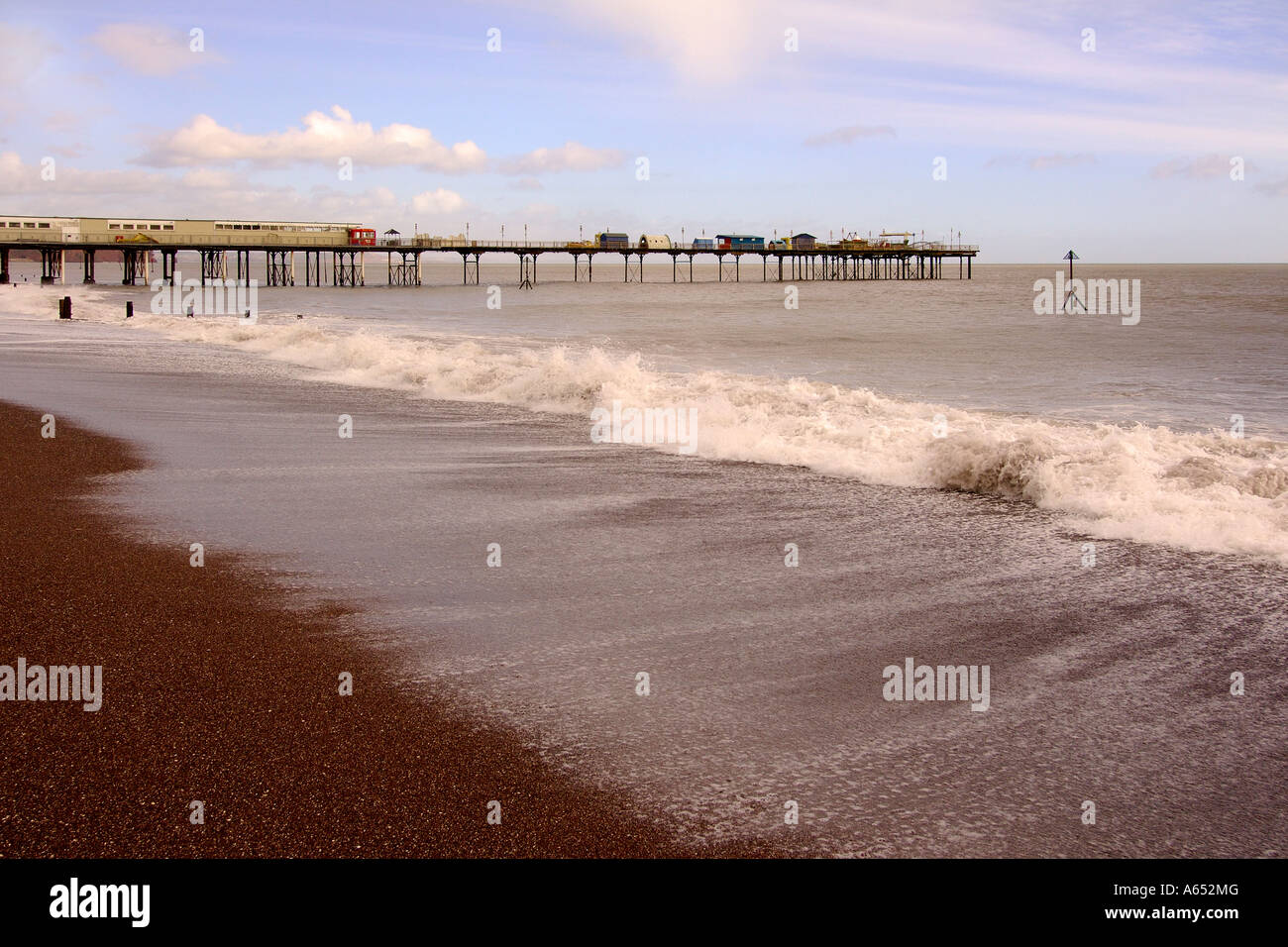 Fantastic early morning on the foreshore at Teignmouth South Devon with the Pier in the background and blue sky Stock Photo